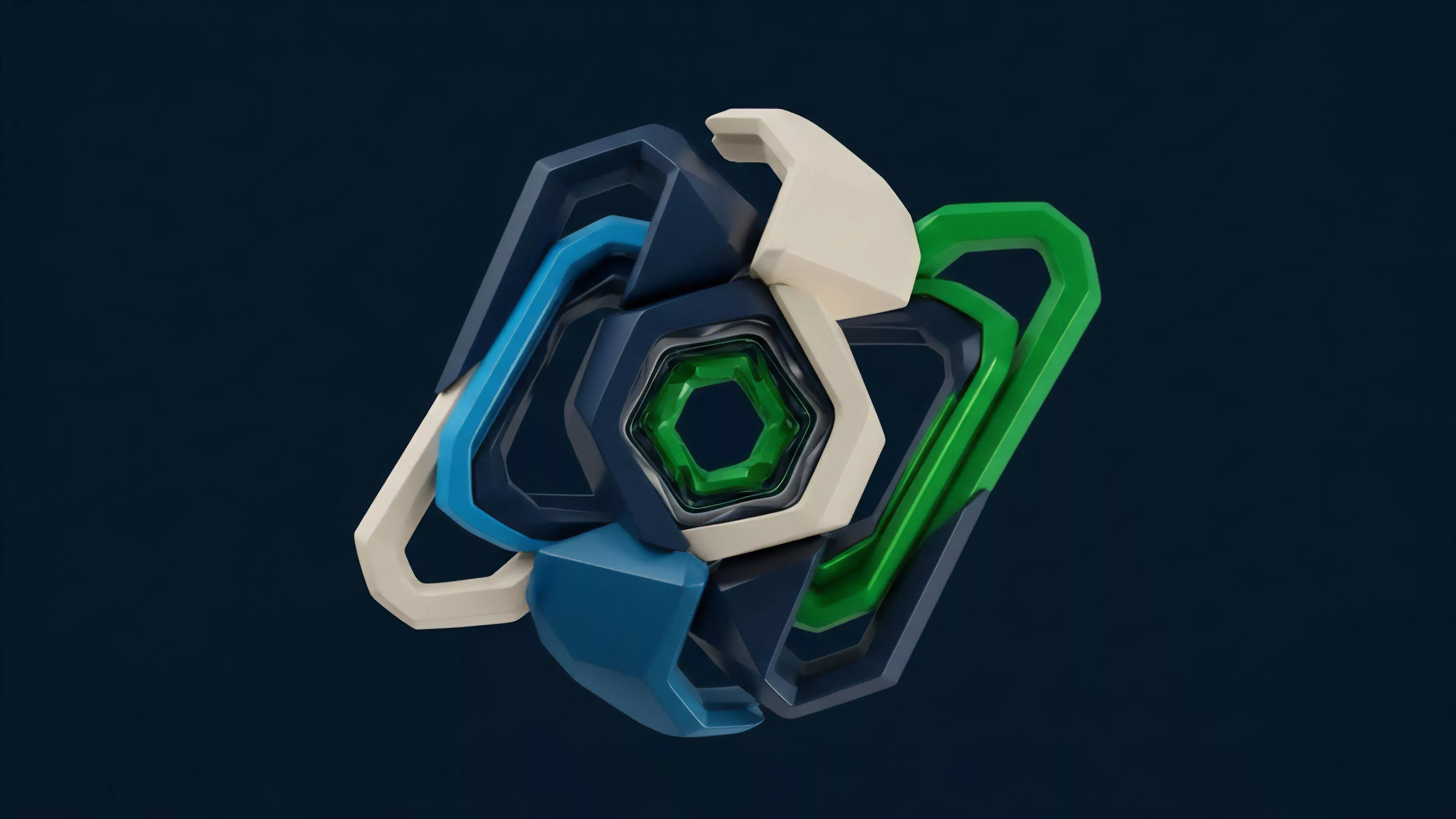 The image showcases a three-dimensional geometric abstract sculpture featuring interlocking segments in dark blue, light blue, bright green, and off-white. The central element is a nested hexagonal shape