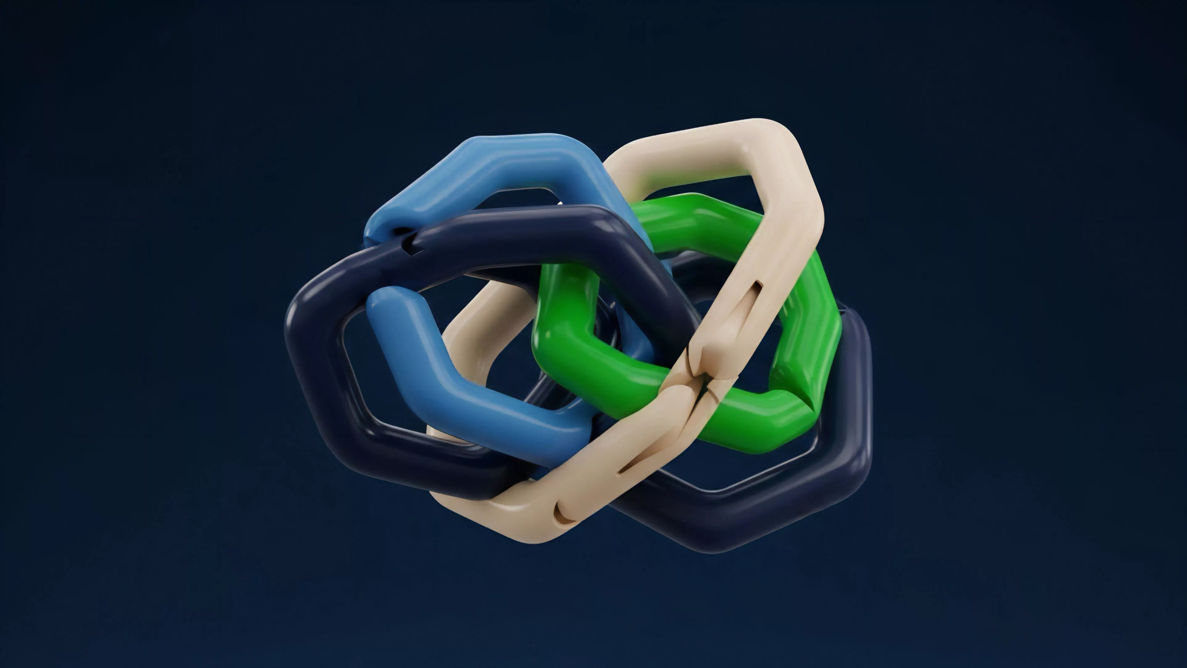 A complex knot formed by four hexagonal links colored green light blue dark blue and cream is shown against a dark background. The links are intertwined in a complex arrangement suggesting high interdependence and systemic connectivity