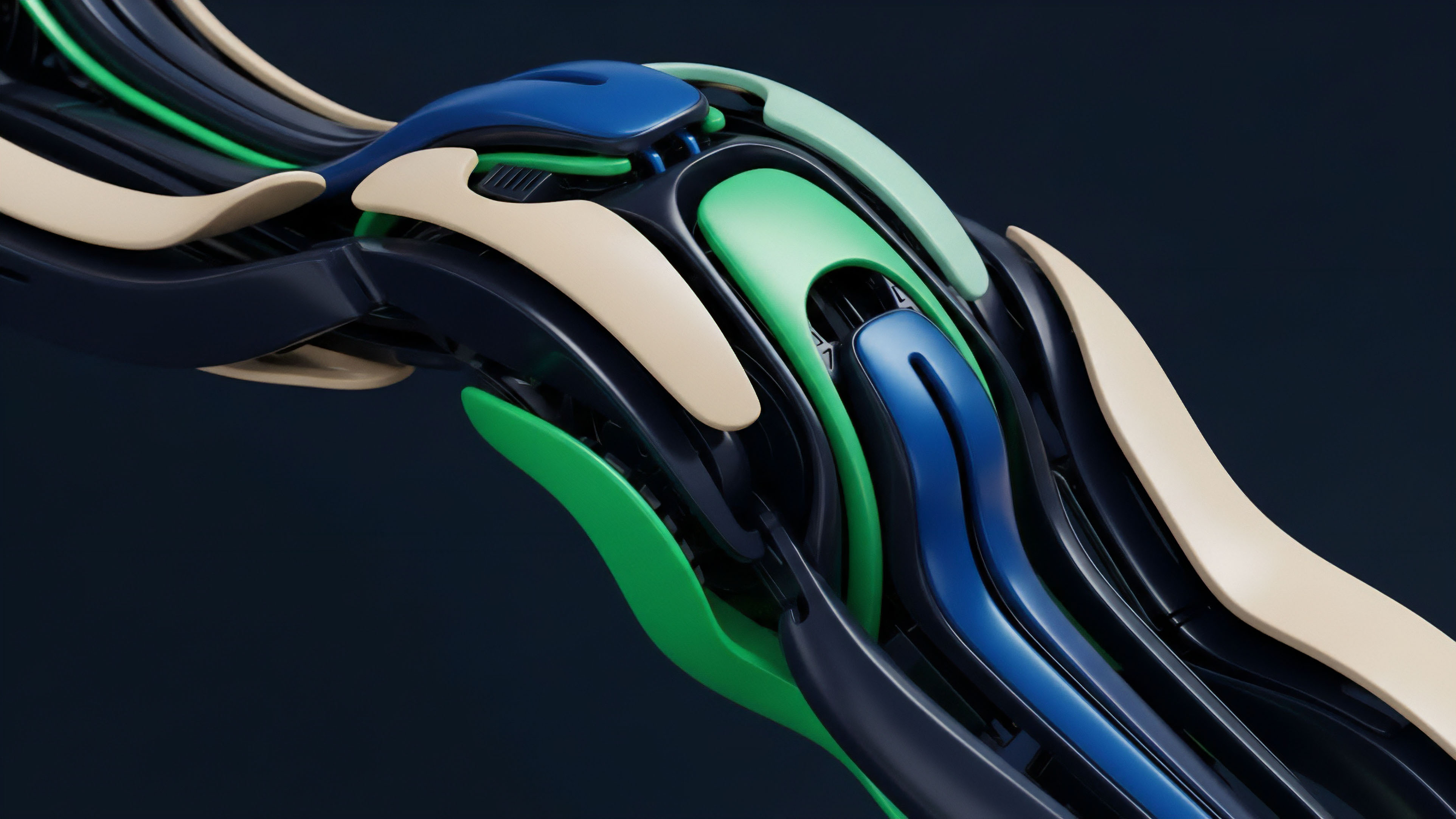 A detailed abstract digital rendering portrays a complex system of intertwined elements. Sleek, polished components in varying colors deep blue, vibrant green, cream flow over and under a dark base structure, creating multiple layers. This visual complexity represents the intricate architecture of decentralized financial instruments and layering protocols. The interlocking design symbolizes smart contract composability and the continuous flow of liquidity provision within automated market makers. This structure illustrates how different components of structured products and collateralization mechanisms interact to manage risk stratification in synthetic asset markets.