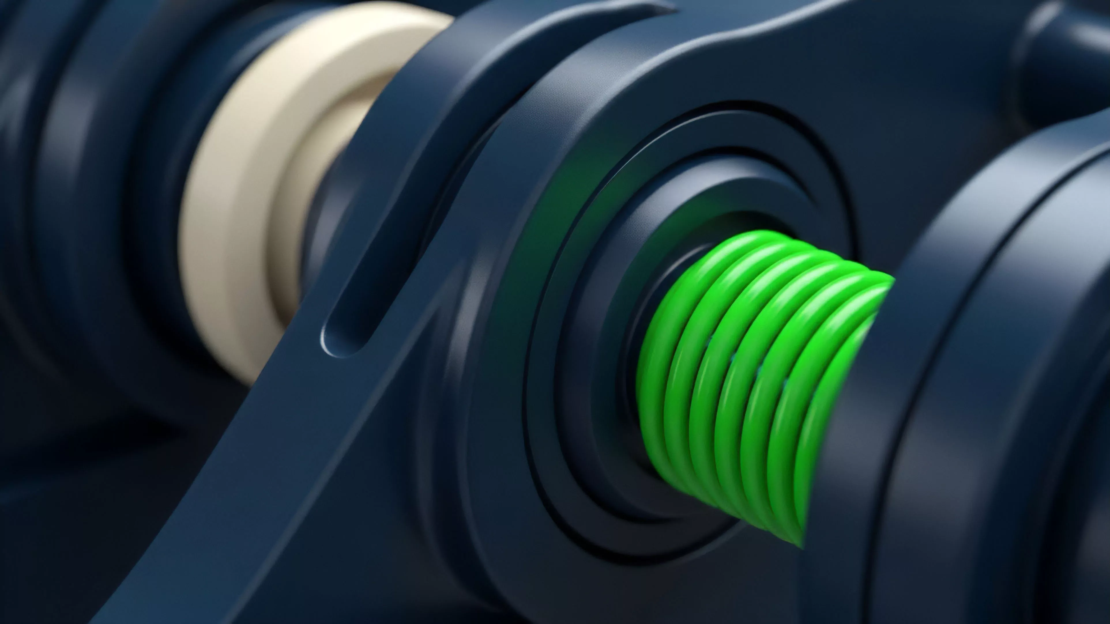 A high-precision digital rendering illustrates a core mechanism, featuring dark blue structural elements and a central bright green coiled component.