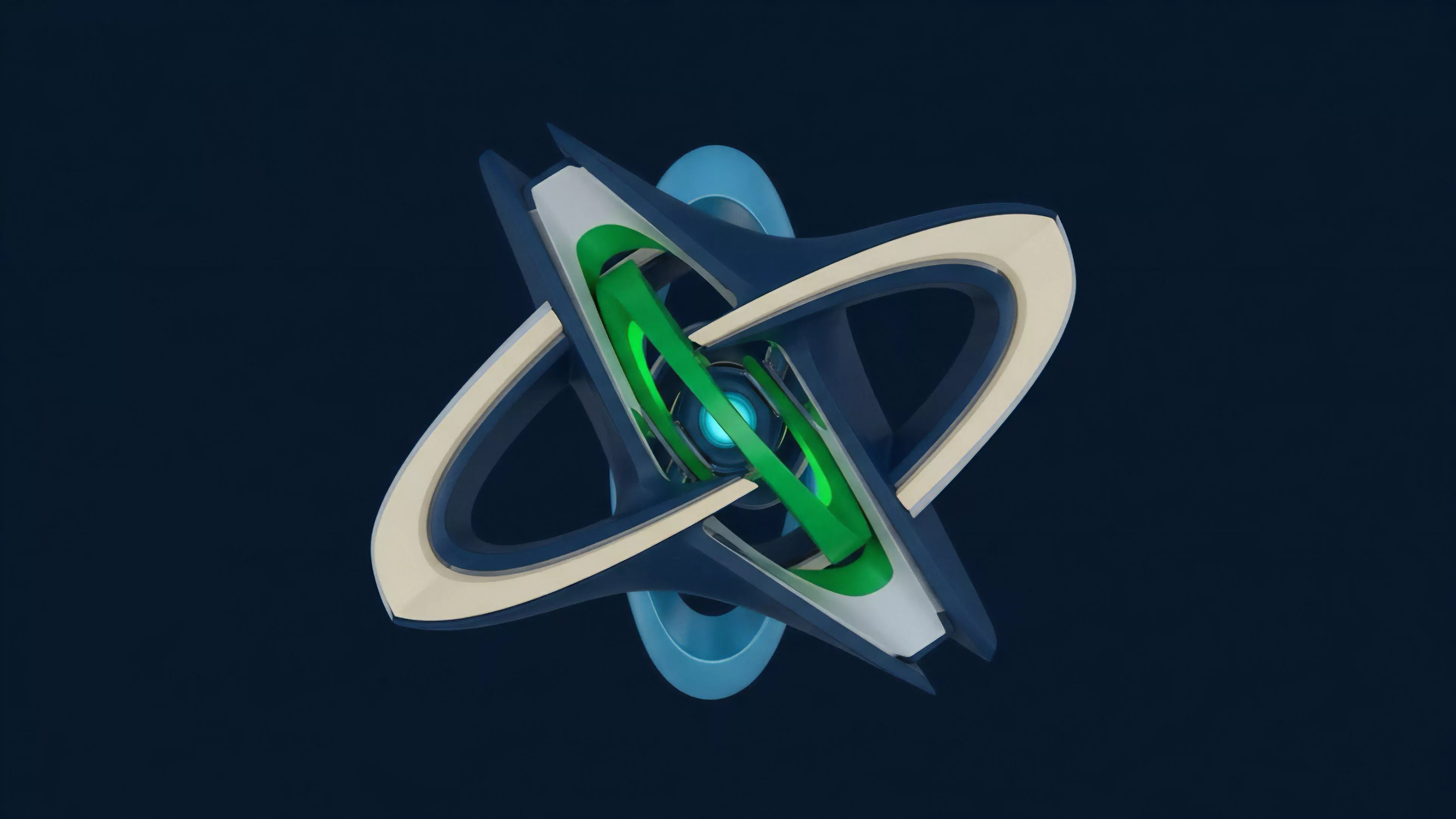 An intricate, stylized abstract object features intertwining blue and beige external rings and vibrant green internal loops surrounding a glowing blue core. The structure appears balanced and symmetrical, suggesting a complex, precisely engineered system