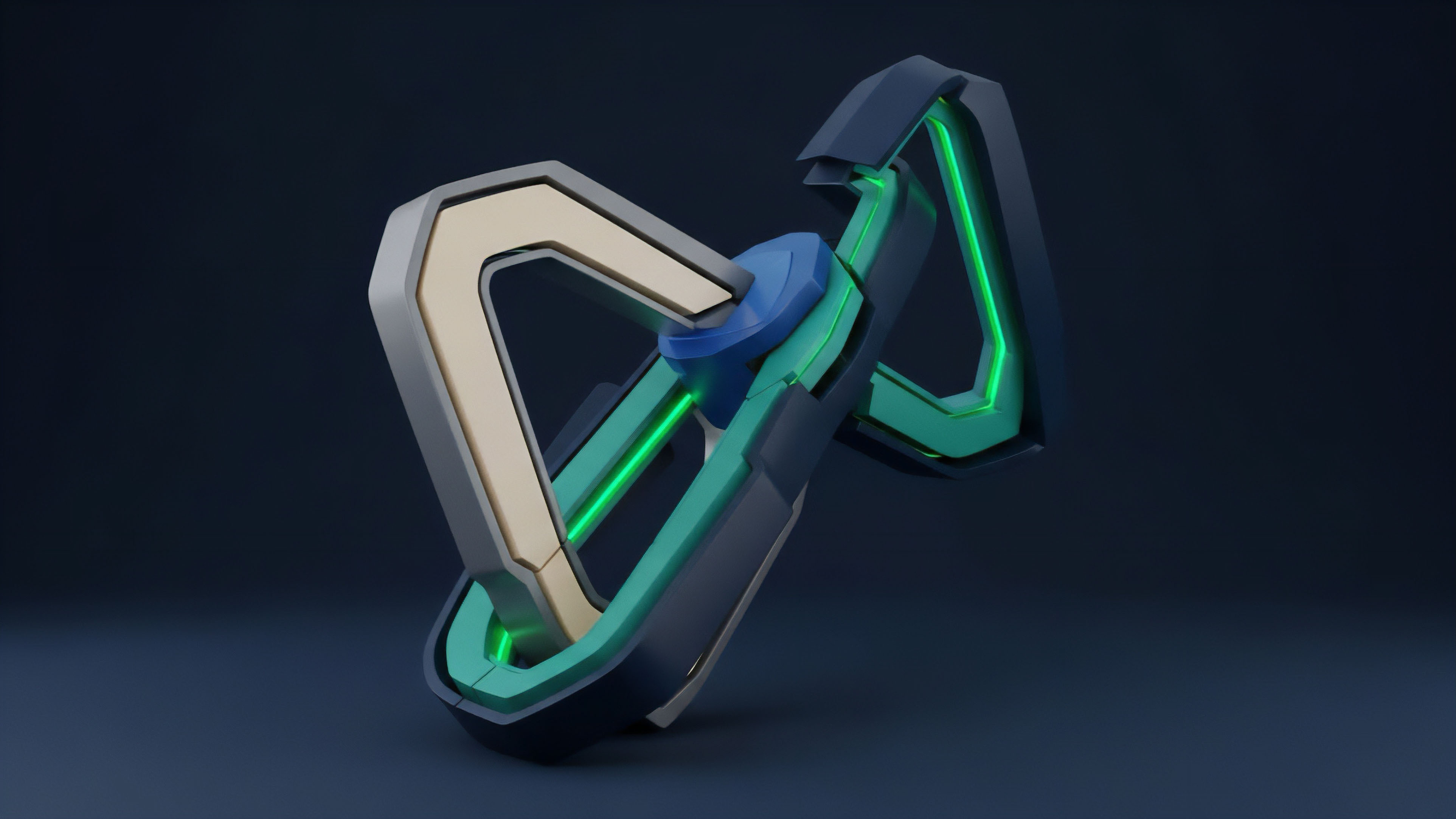 An intricate, abstract object featuring interlocking loops and glowing neon green highlights is displayed against a dark background. The structure, composed of matte grey, beige, and dark blue elements, suggests a complex, futuristic mechanism