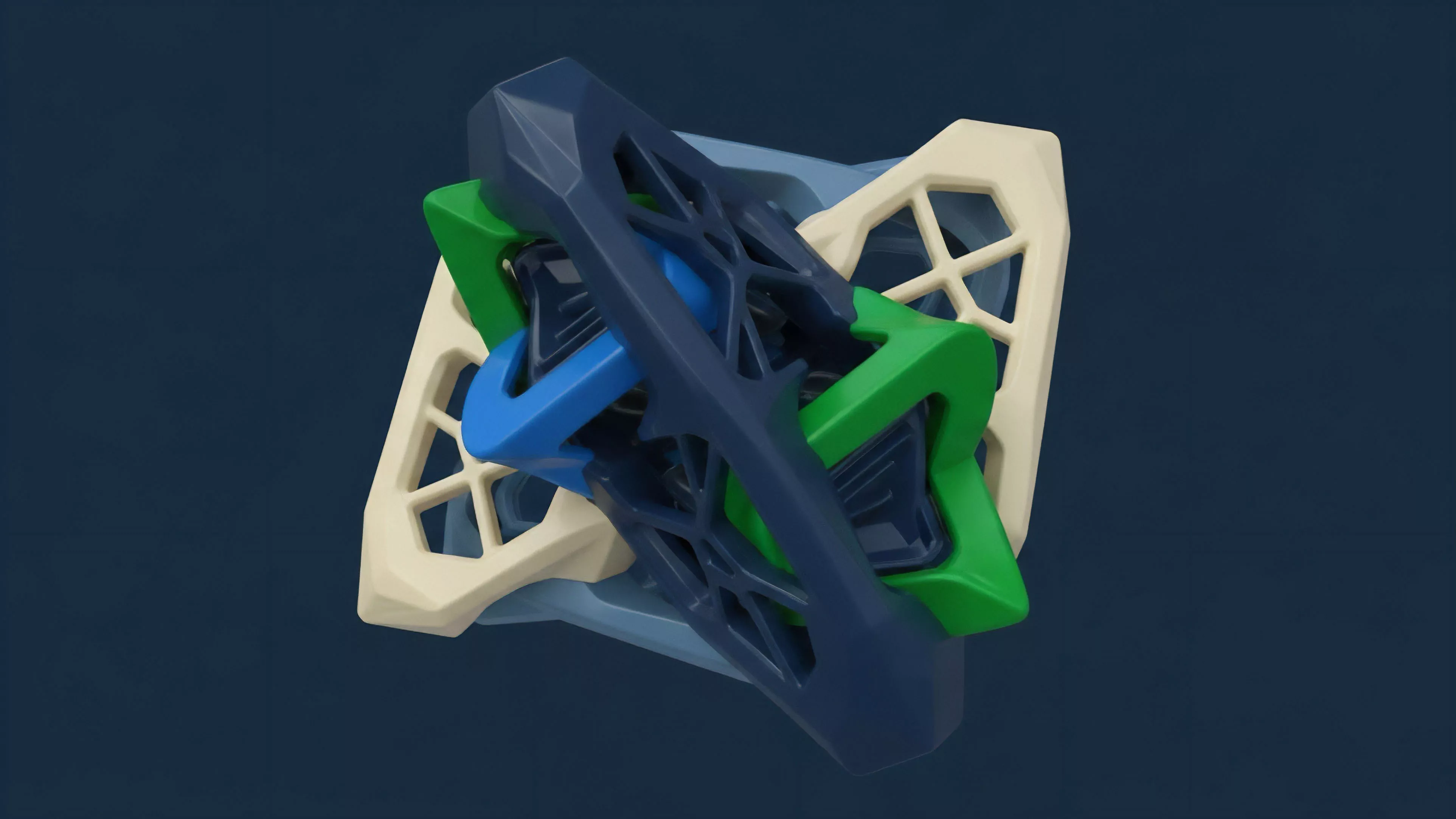 The intricate multi-layered structure visually represents multi-asset derivatives within decentralized finance protocols. The complex interlocking design symbolizes smart contract logic and the collateralization mechanisms essential for options trading. Distinct colored components represent varying asset classes and liquidity pools, emphasizing the intricate cross-chain interoperability required for settlement protocols. This structured product illustrates the complexities of risk mitigation and delta hedging in perpetual swaps.