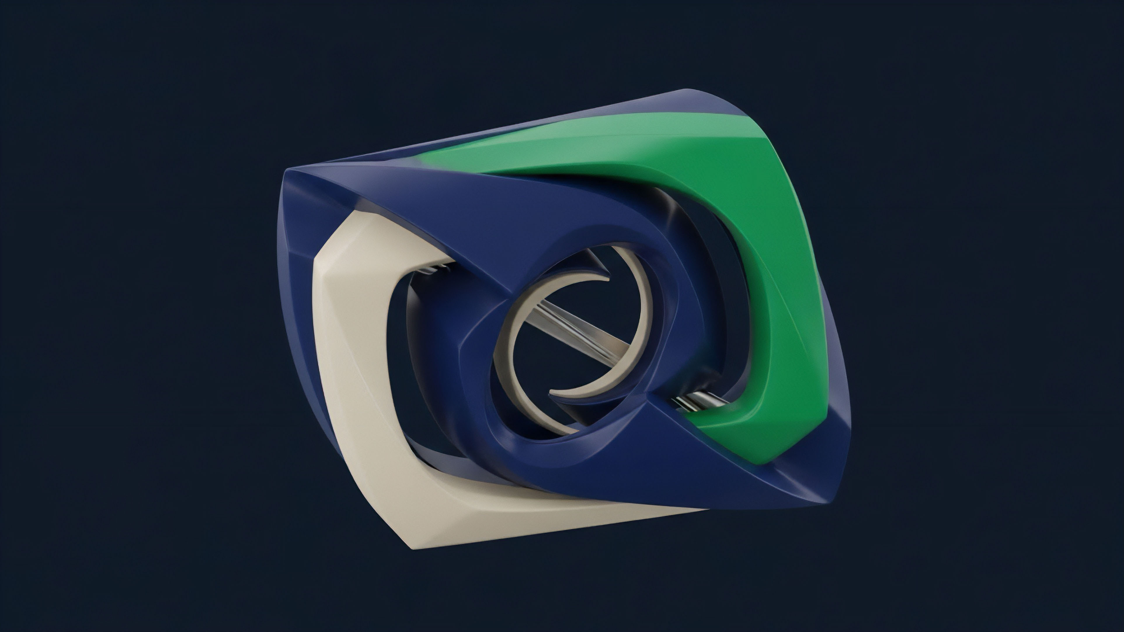 A complex structured product visualization for decentralized finance DeFi representing a multi-asset collateralized position. The intricate interlocking forms visualize smart contract logic governing automated market maker AMM operations and risk management within a liquidity pool. This dynamic configuration illustrates continuous yield generation and cross-chain arbitrage opportunities. The design reflects the interconnected payoff function of exotic derivatives and the constant rebalancing required for delta neutrality in highly volatile markets. Distinct segments represent different asset classes and financial strategies.