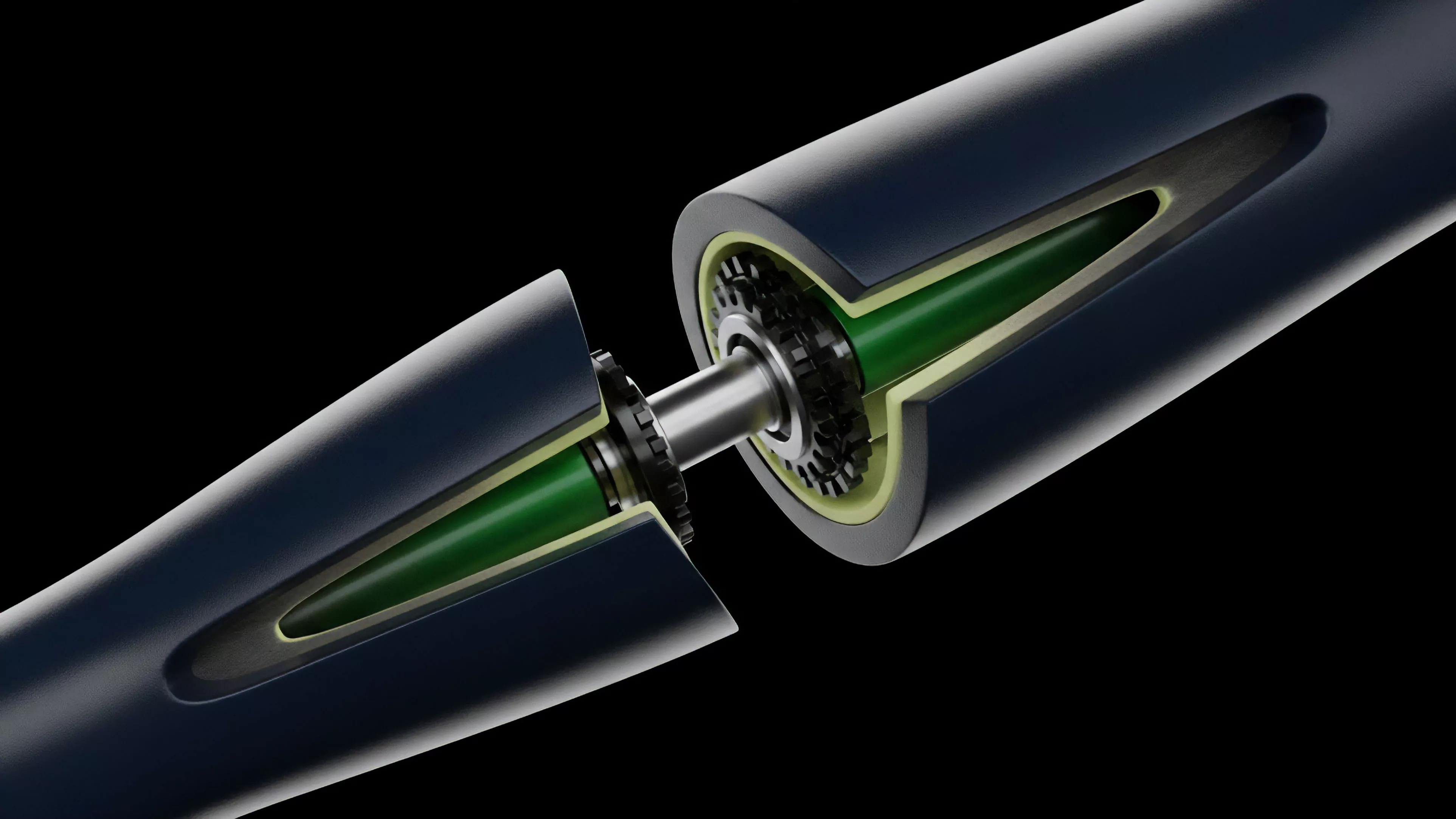 A high-resolution, stylized cutaway rendering displays two sections of a dark cylindrical device separating, revealing intricate internal components. A central silver shaft connects the green-cored segments, surrounded by intricate gear-like mechanisms