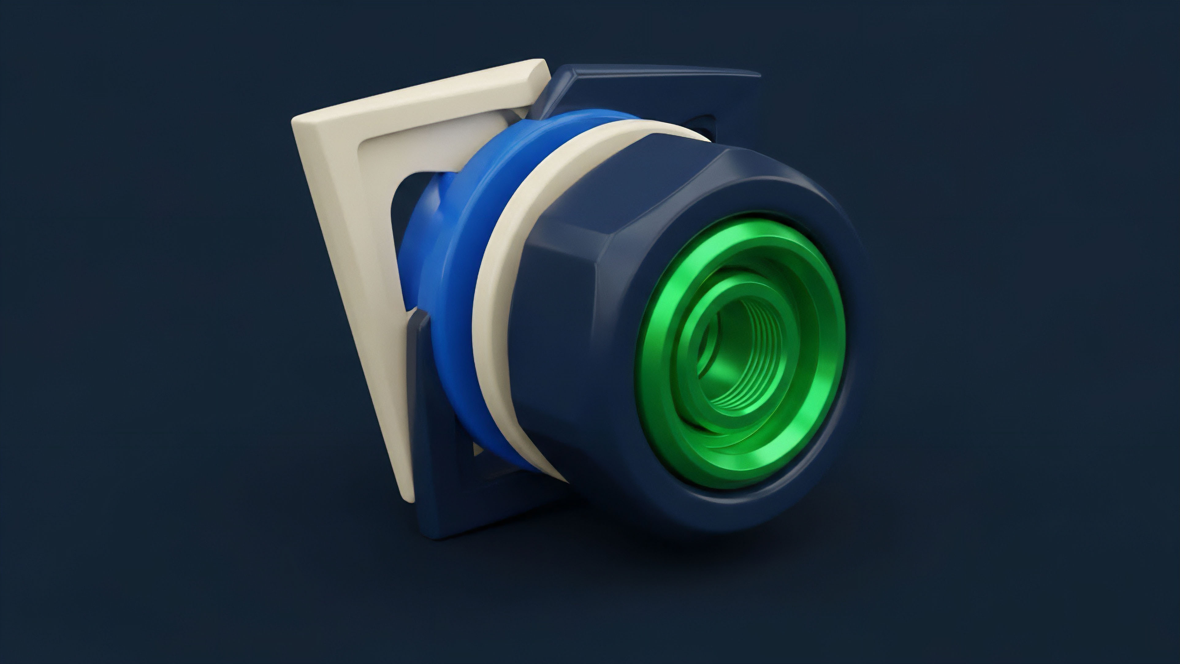 The image displays a complex mechanical component featuring a layered concentric design in dark blue, cream, and vibrant green. The central green element resembles a threaded core, surrounded by progressively larger rings and an angular, faceted outer shell