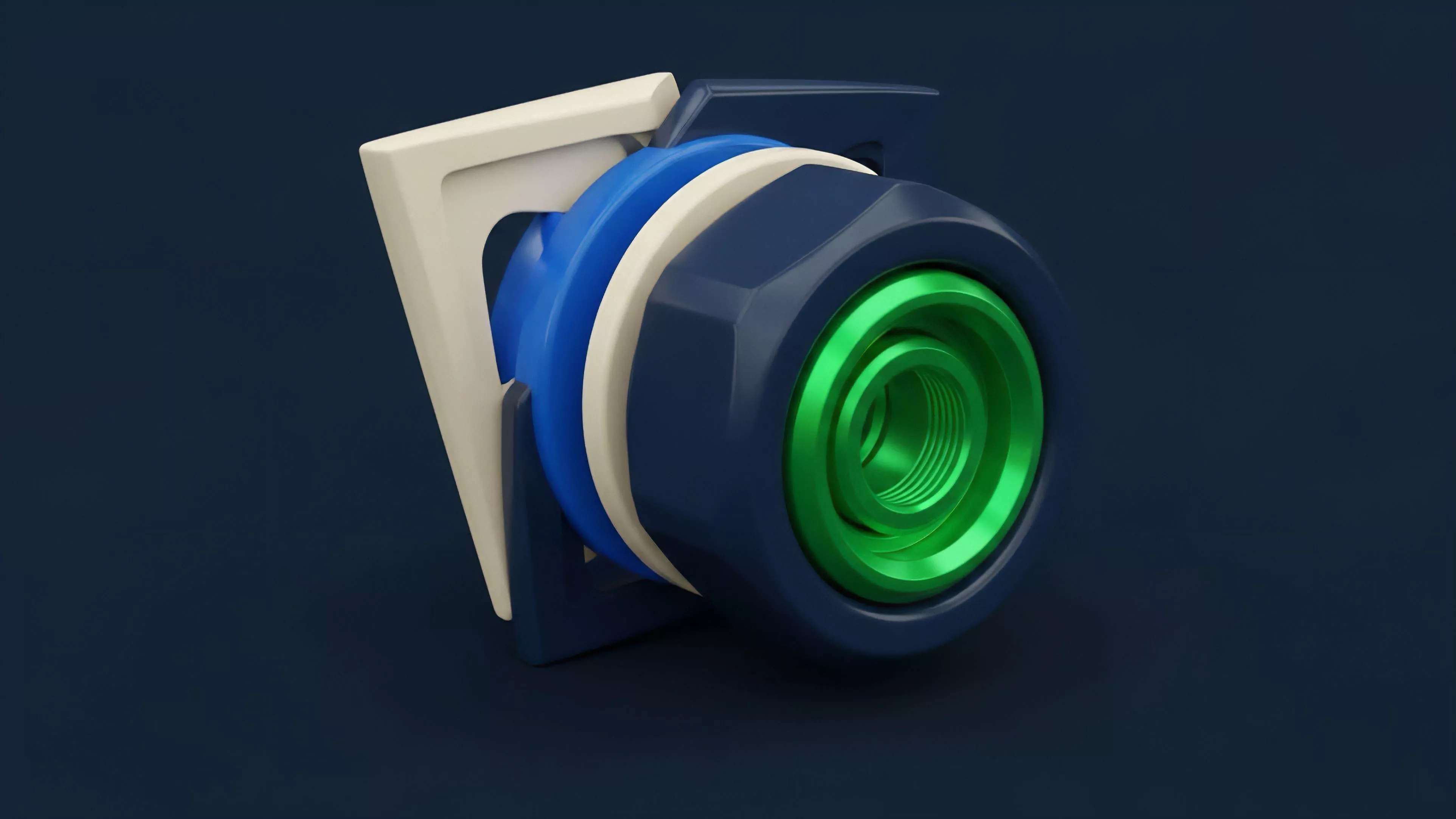 The image displays a complex mechanical component featuring a layered concentric design in dark blue, cream, and vibrant green. The central green element resembles a threaded core, surrounded by progressively larger rings and an angular, faceted outer shell