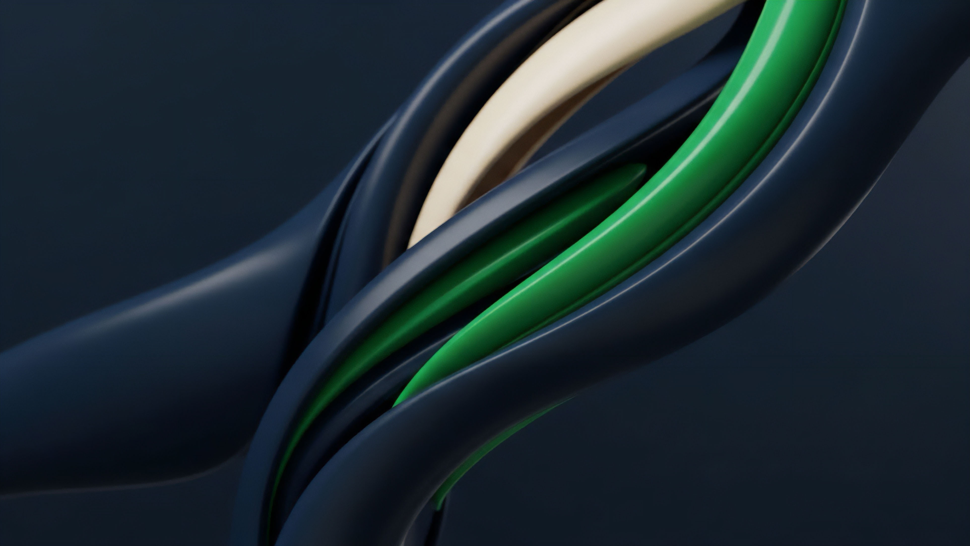 The image displays a close-up, abstract view of intertwined, flowing strands in varying colors, primarily dark blue, beige, and vibrant green. The strands create dynamic, layered shapes against a uniform dark background