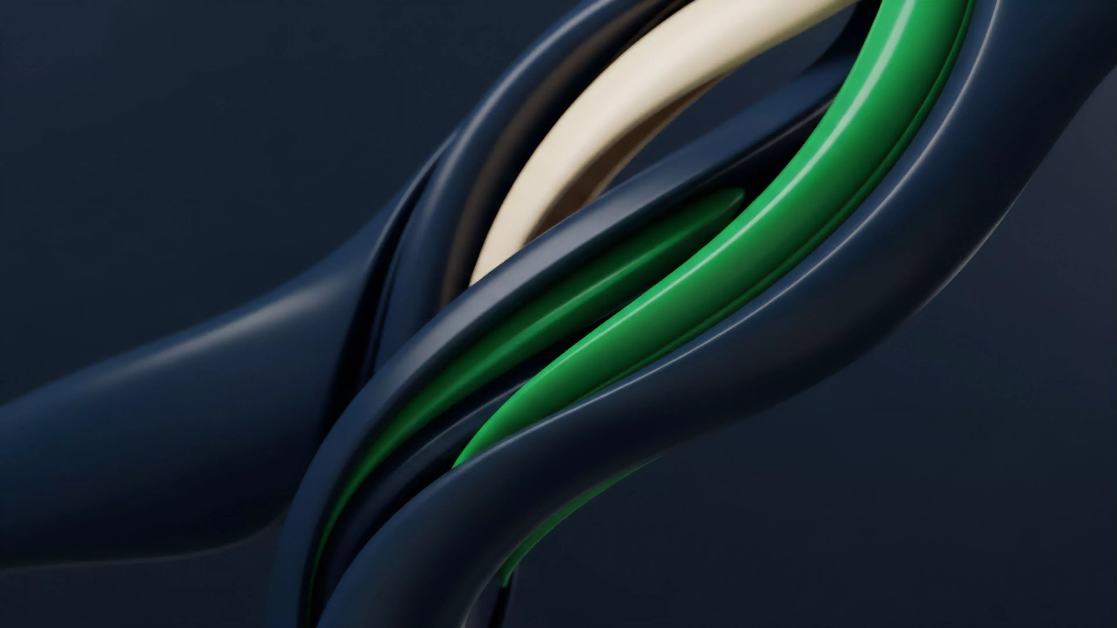 The image displays a close-up, abstract view of intertwined, flowing strands in varying colors, primarily dark blue, beige, and vibrant green. The strands create dynamic, layered shapes against a uniform dark background