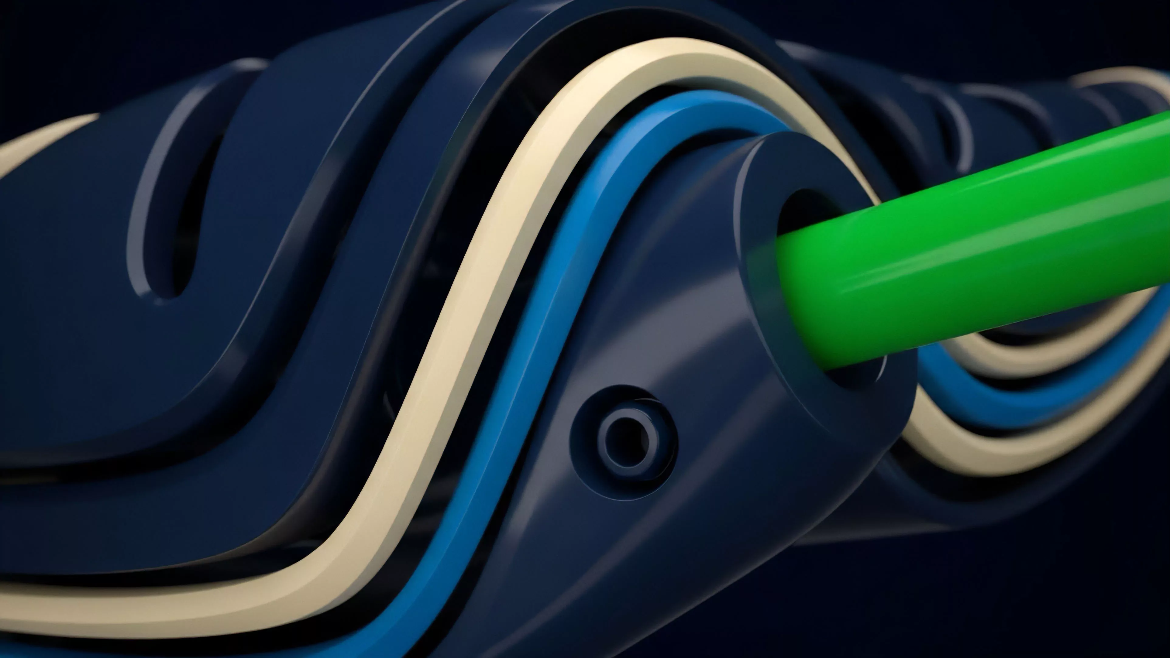 A close-up view shows a stylized, multi-layered structure with undulating, intertwined channels of dark blue, light blue, and beige colors, with a bright green rod protruding from a central housing. This abstract visualization represents the intricate multi-chain architecture necessary for advanced scaling solutions in decentralized finance