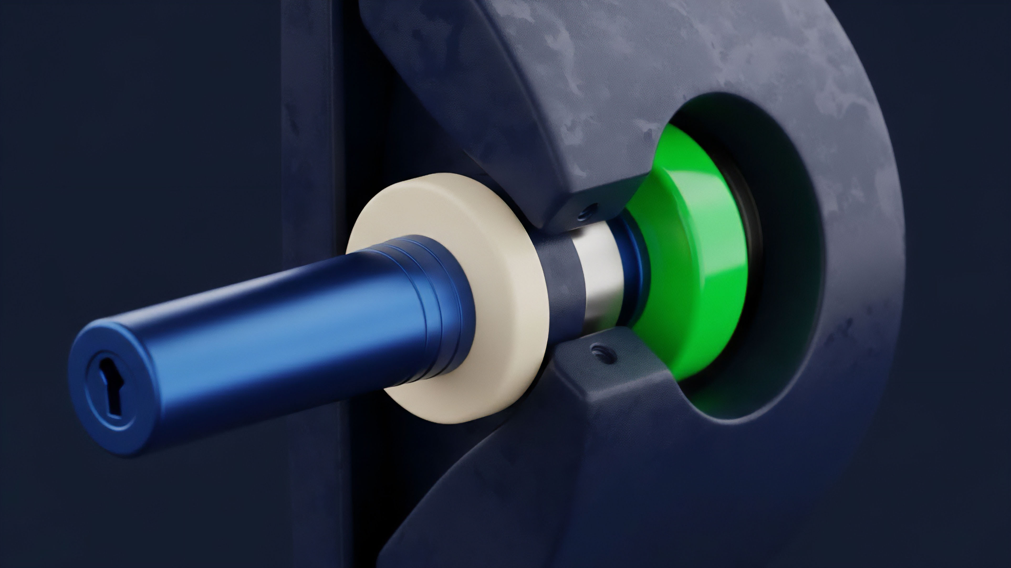 This close-up view presents a sophisticated mechanical assembly featuring a blue cylindrical shaft with a keyhole and a prominent green inner component encased within a dark, textured housing. The design highlights a complex interface where multiple components align for potential activation or interaction, metaphorically representing a robust decentralized exchange DEX mechanism