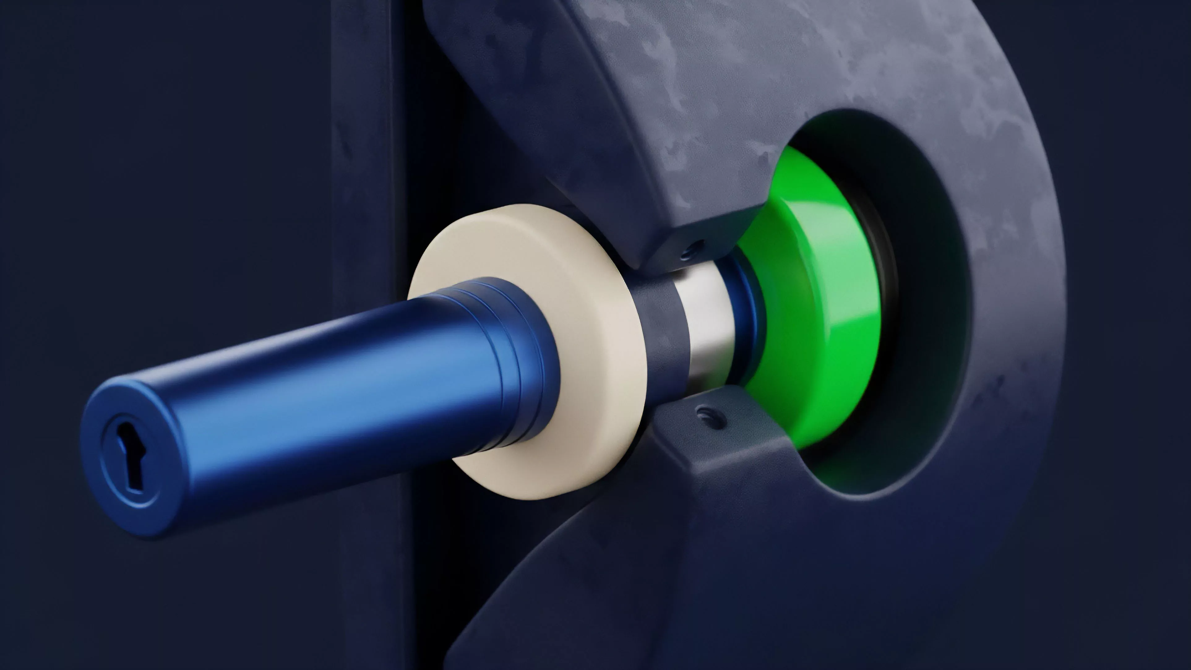 This close-up view presents a sophisticated mechanical assembly featuring a blue cylindrical shaft with a keyhole and a prominent green inner component encased within a dark, textured housing. The design highlights a complex interface where multiple components align for potential activation or interaction, metaphorically representing a robust decentralized exchange DEX mechanism