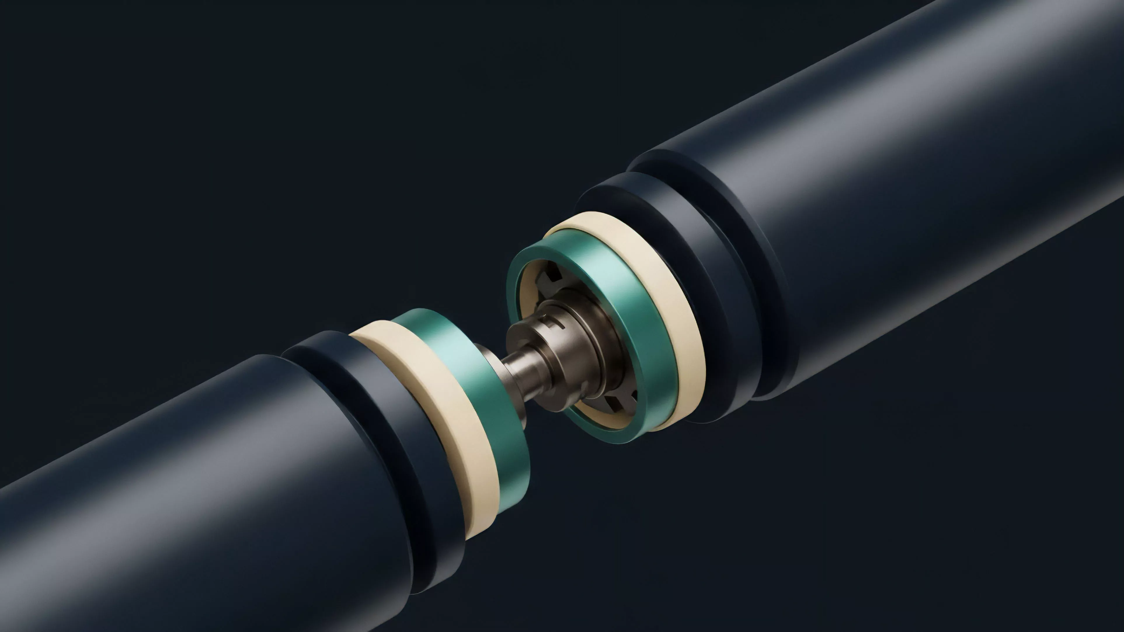 This technical illustration depicts a complex mechanical joint connecting two large cylindrical components. The central coupling consists of multiple rings in teal, cream, and dark gray, surrounding a metallic shaft