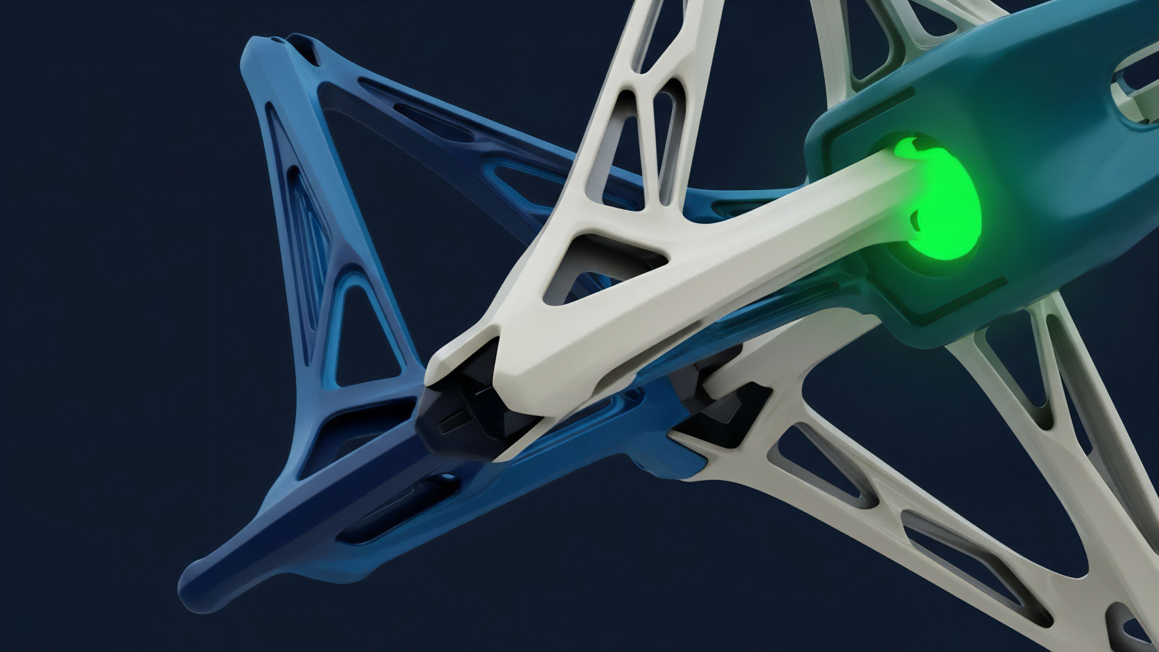 A complex structural assembly featuring interlocking blue and white segments. The intricate, lattice-like design suggests interconnectedness, with a bright green luminescence emanating from a socket where a white component terminates within a teal structure. This visually represents the DeFi composability of financial instruments, where diverse protocols like algorithmic trading strategies and on-chain derivatives interact. The green glow signifies real-time oracle feed data triggering smart contract execution within a decentralized exchange DEX environment. This cross-chain bridge model facilitates liquidity provisioning and yield aggregation for risk management.
