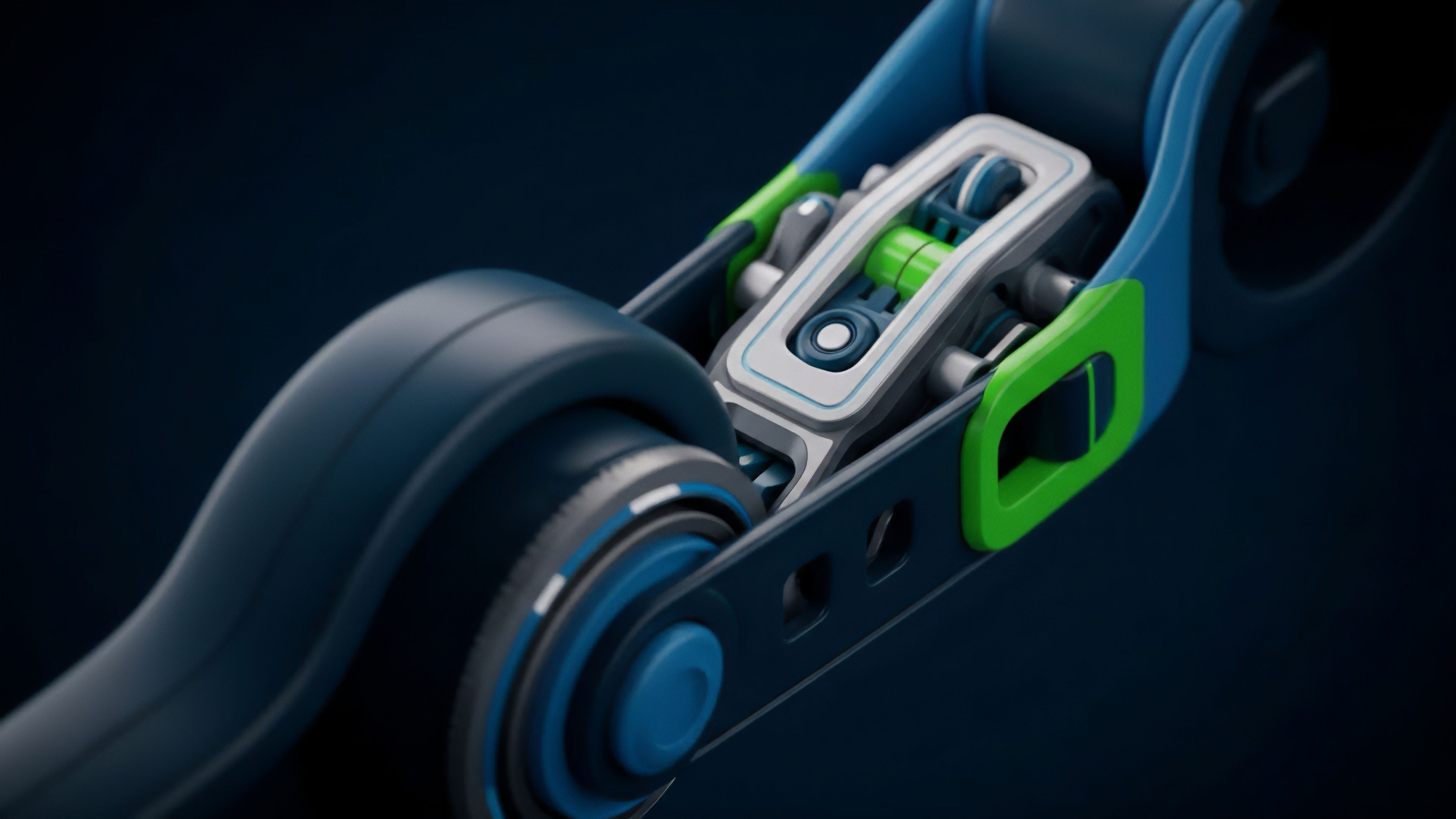 A high-resolution close-up reveals a sophisticated mechanical assembly, featuring a central linkage system and precision-engineered components with dark blue, bright green, and light gray elements. The focus is on the intricate interplay of parts, suggesting dynamic motion and precise functionality within a larger framework