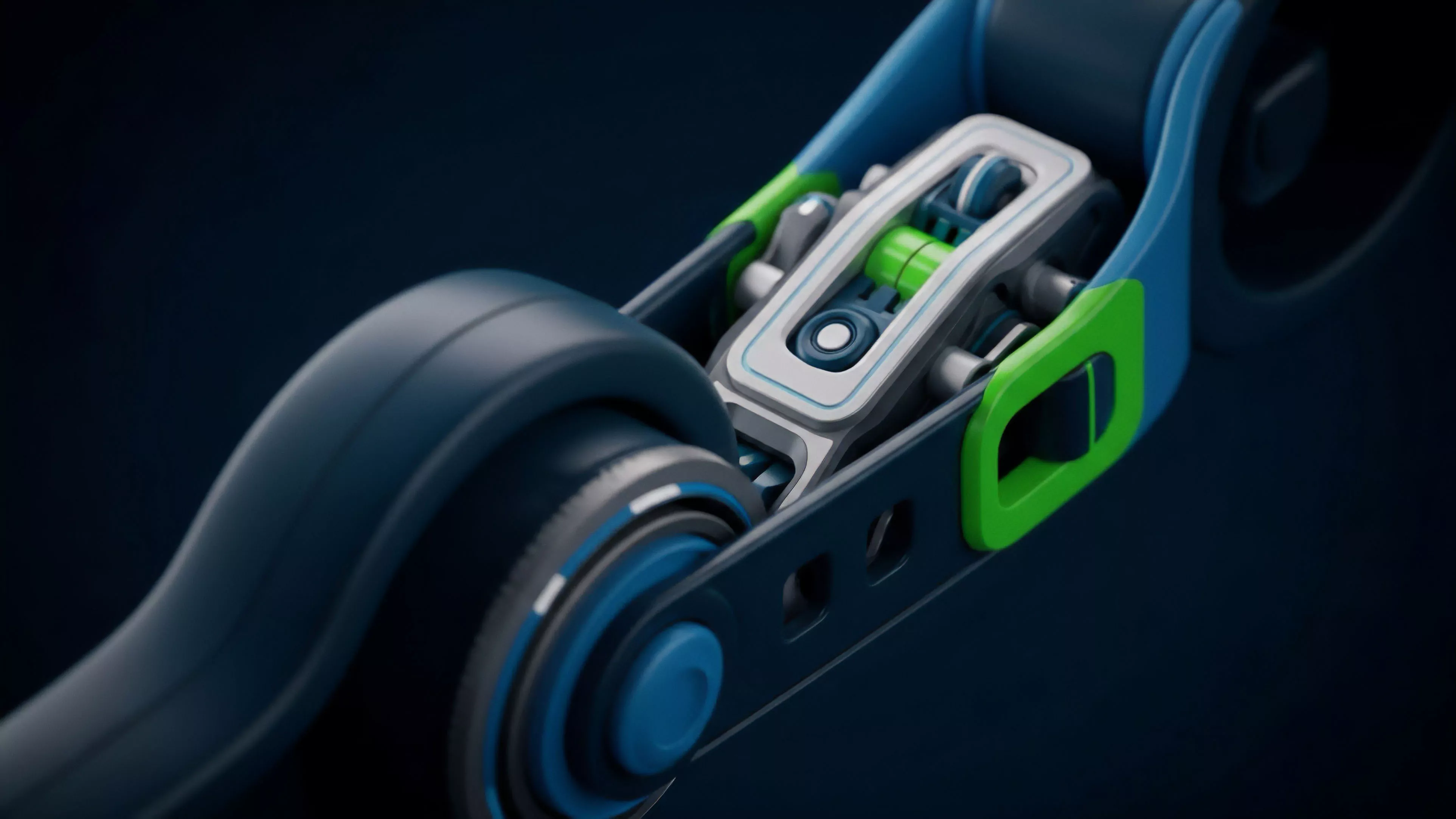 A high-resolution close-up reveals a sophisticated mechanical assembly, featuring a central linkage system and precision-engineered components with dark blue, bright green, and light gray elements. The focus is on the intricate interplay of parts, suggesting dynamic motion and precise functionality within a larger framework