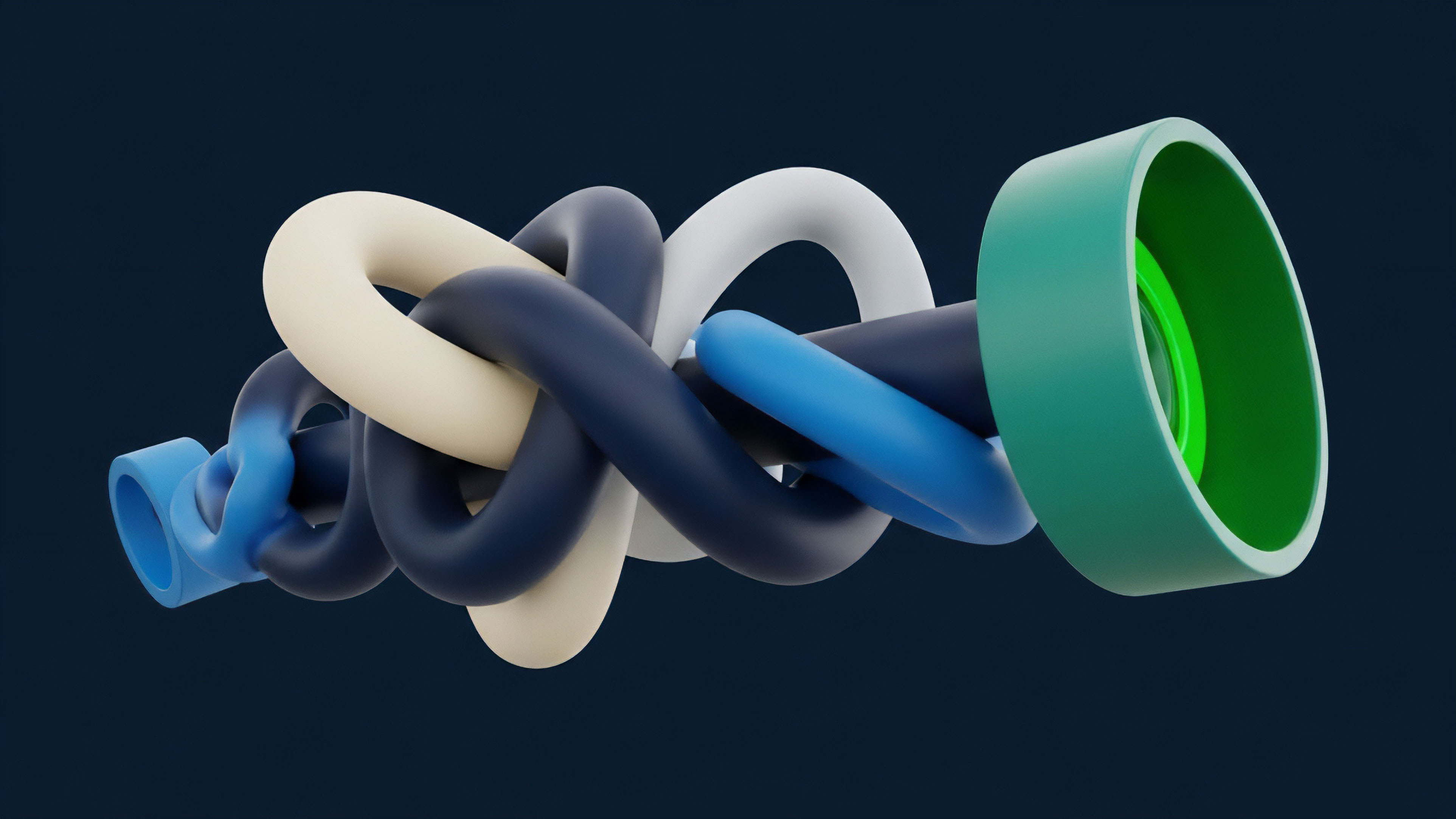 An abstract 3D render displays a complex structure formed by several interwoven, tube-like strands of varying colors, including beige, dark blue, and light blue. The structure forms an intricate knot in the center, transitioning from a thinner end to a wider, scope-like aperture