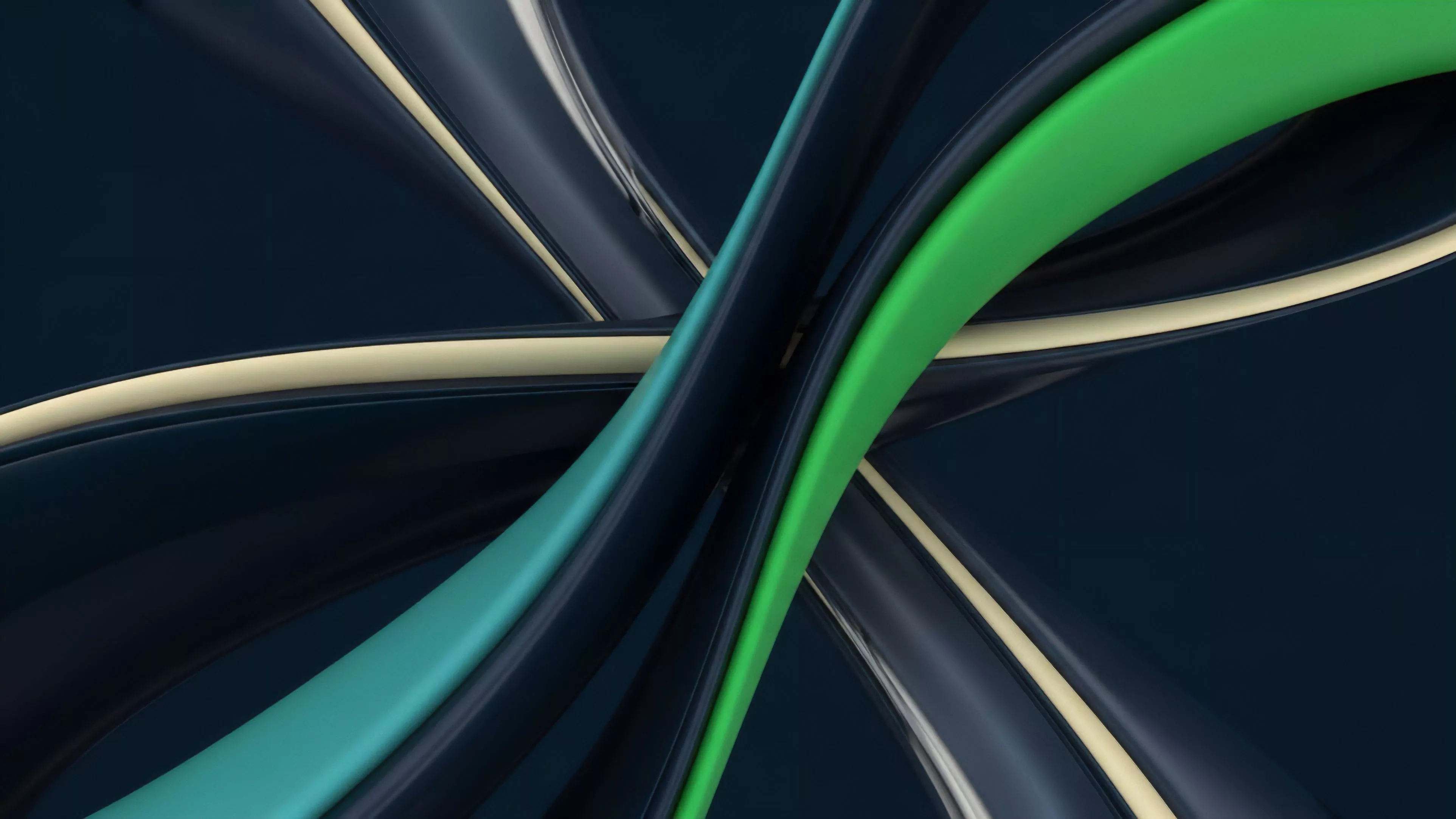 A dynamic abstract composition features smooth, glossy bands of dark blue, green, teal, and cream, converging and intertwining at a central point against a dark background. The forms create a complex, interwoven pattern suggesting fluid motion