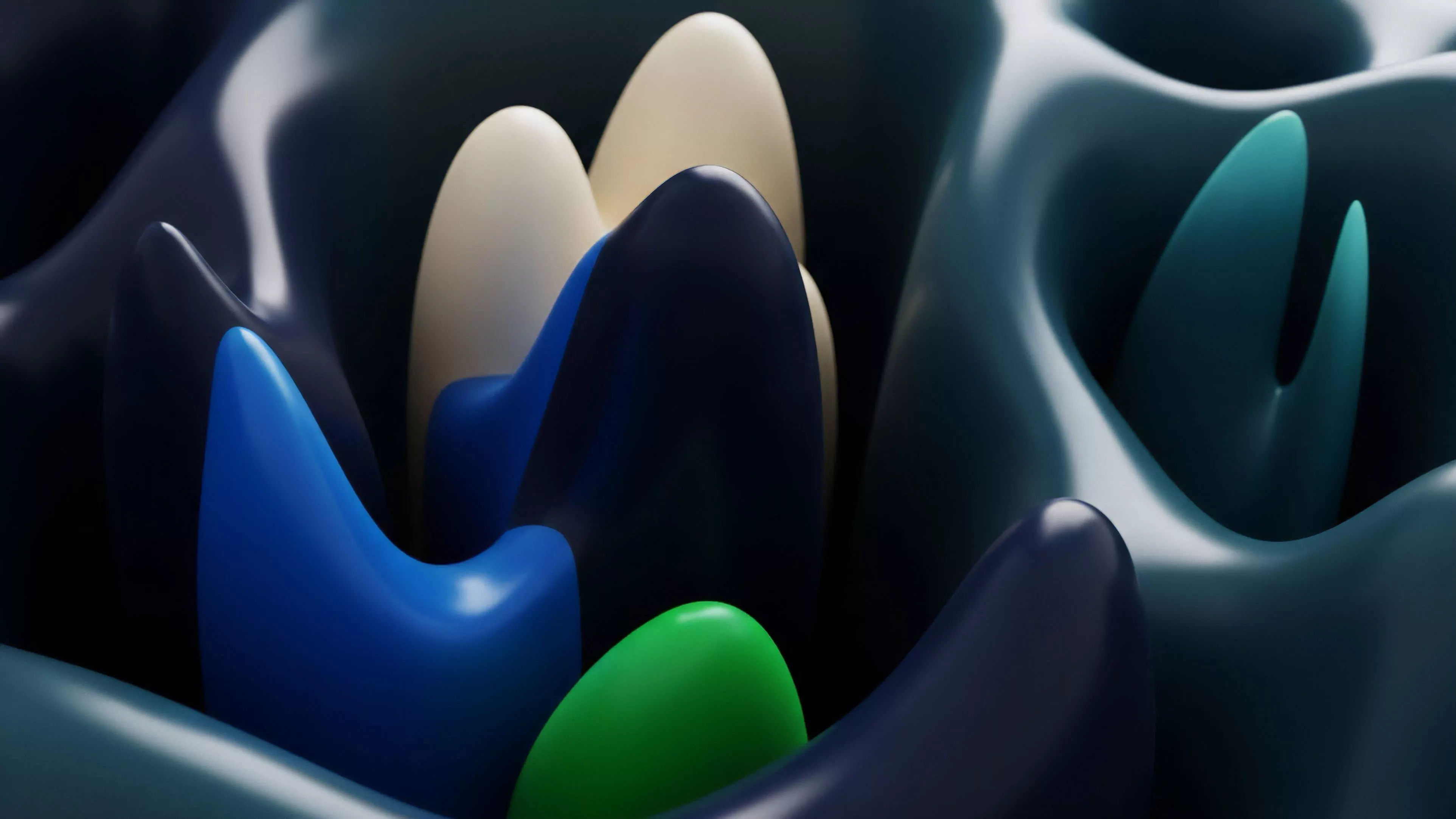 A close-up view of abstract, undulating forms composed of smooth, reflective surfaces in deep blue, cream, light green, and teal colors.