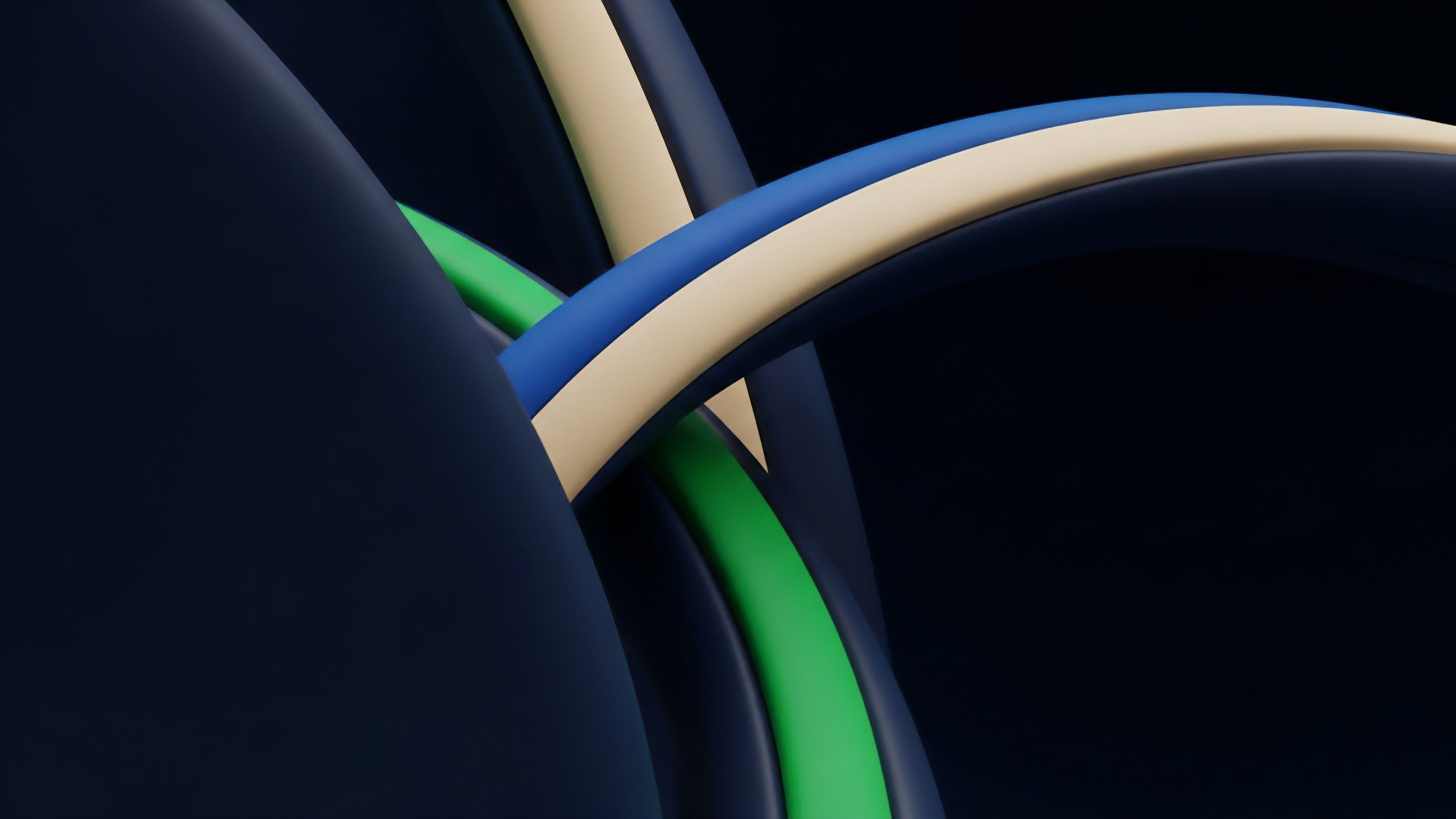 A dark background serves as a canvas for intertwining, smooth, ribbon-like forms in varying shades of blue, green, and beige. The forms overlap, creating a sense of dynamic motion and complex structure in a three-dimensional space