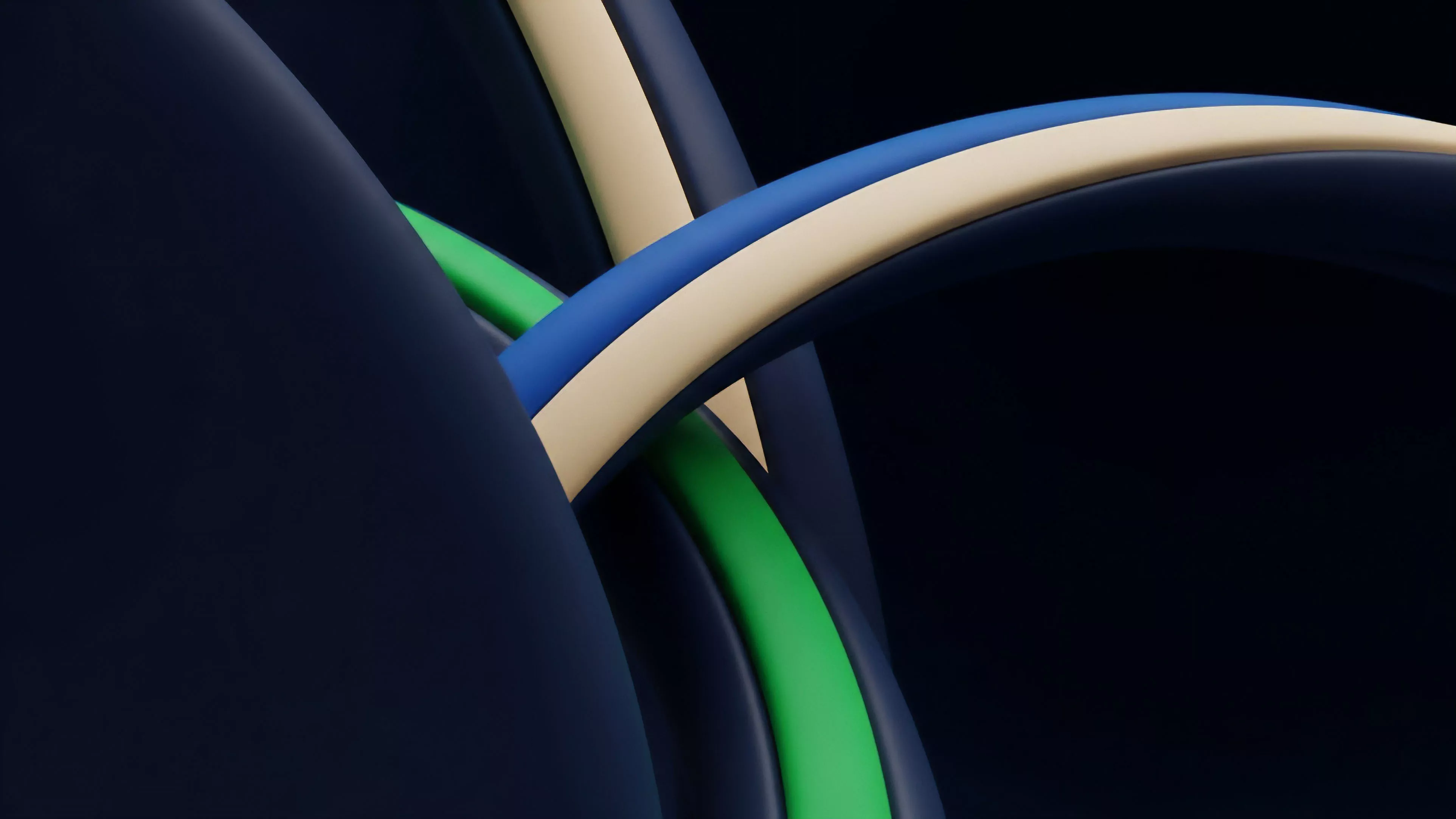 A dark background serves as a canvas for intertwining, smooth, ribbon-like forms in varying shades of blue, green, and beige. The forms overlap, creating a sense of dynamic motion and complex structure in a three-dimensional space