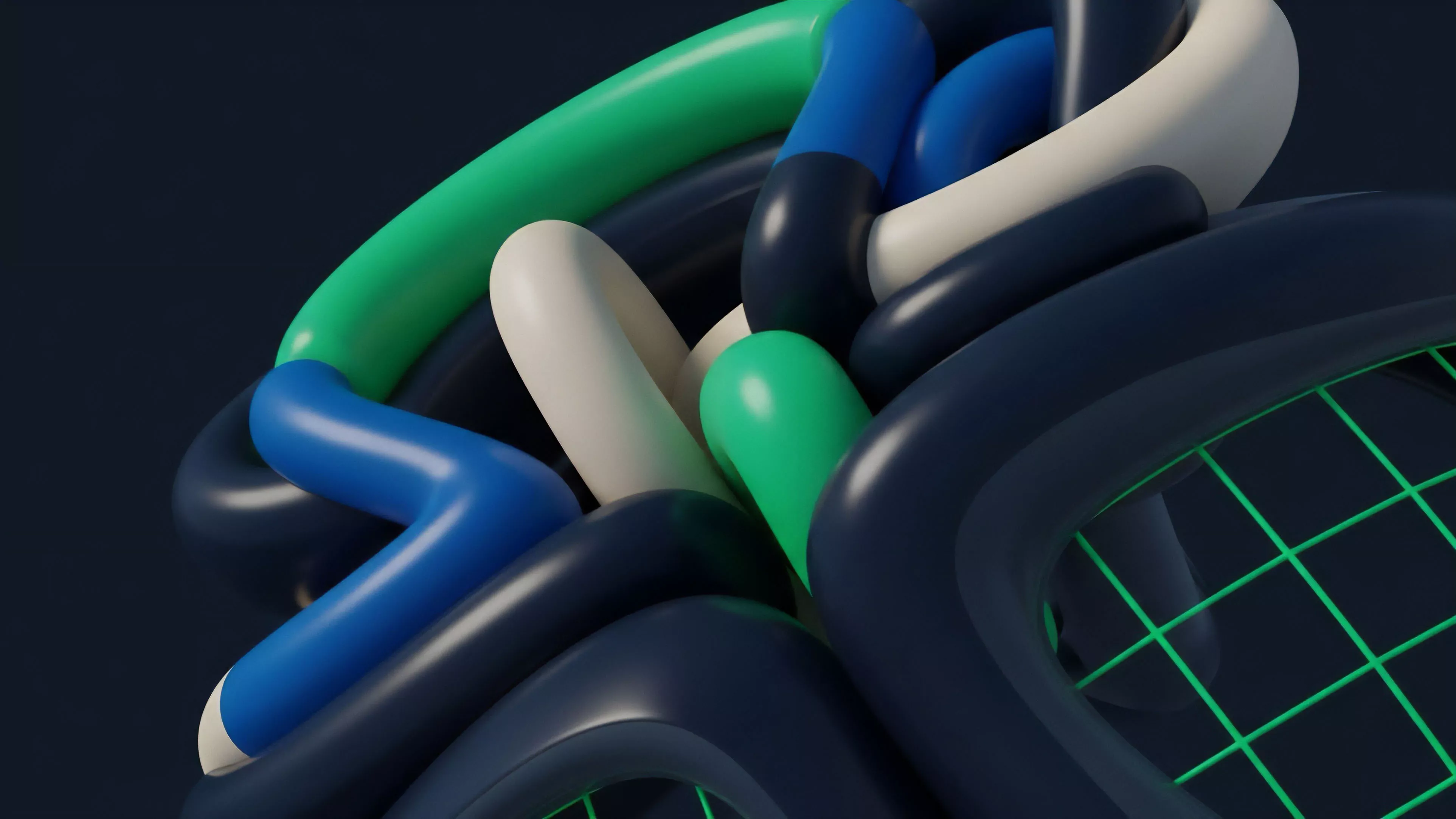 A close-up view reveals a dense knot of smooth, rounded shapes in shades of green, blue, and white, set against a dark, featureless background. The forms are entwined, suggesting a complex, interconnected system