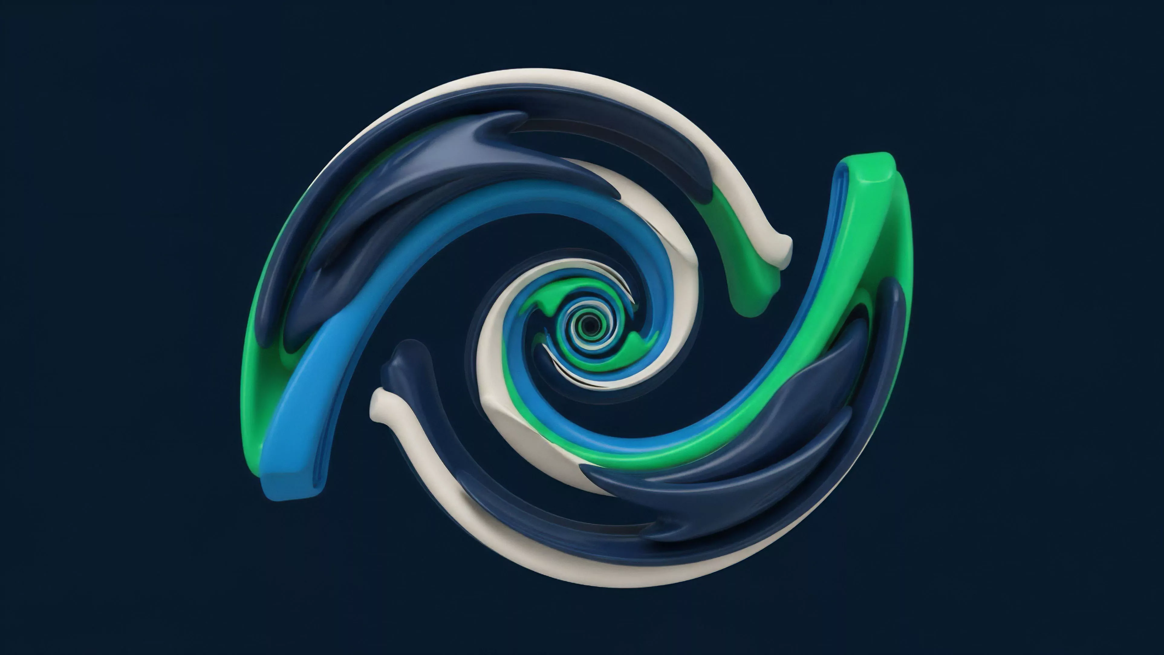 This abstract composition showcases four fluid, spiraling bands ⎊ deep blue, bright blue, vibrant green, and off-white ⎊ twisting around a central vortex on a dark background. The structure appears to be in constant motion, symbolizing a dynamic and complex system