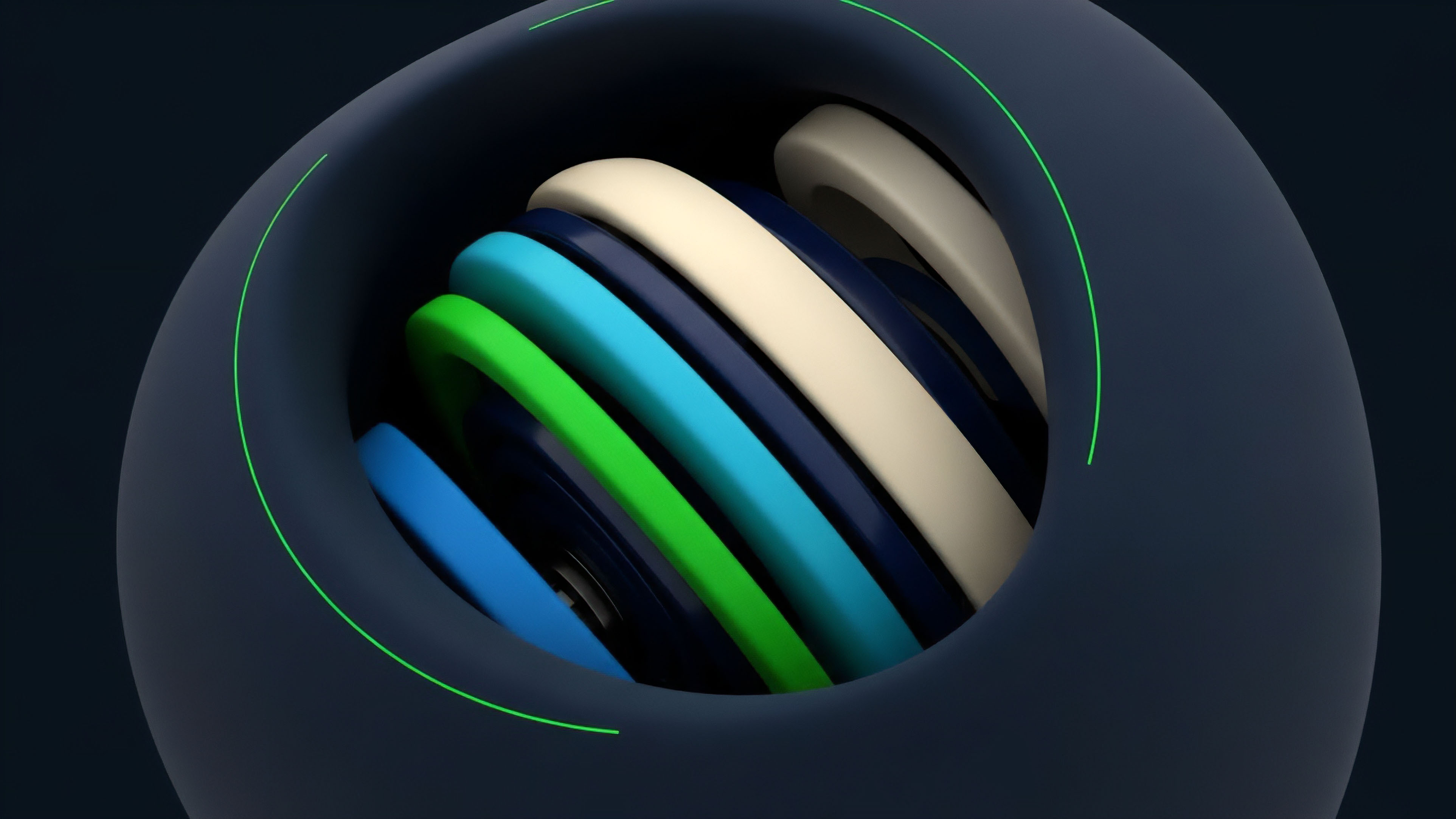 A dark, spherical shell with a cutaway view reveals an internal structure composed of multiple twisting, concentric bands. The bands feature a gradient of colors, including bright green, blue, and cream, suggesting a complex, layered mechanism
