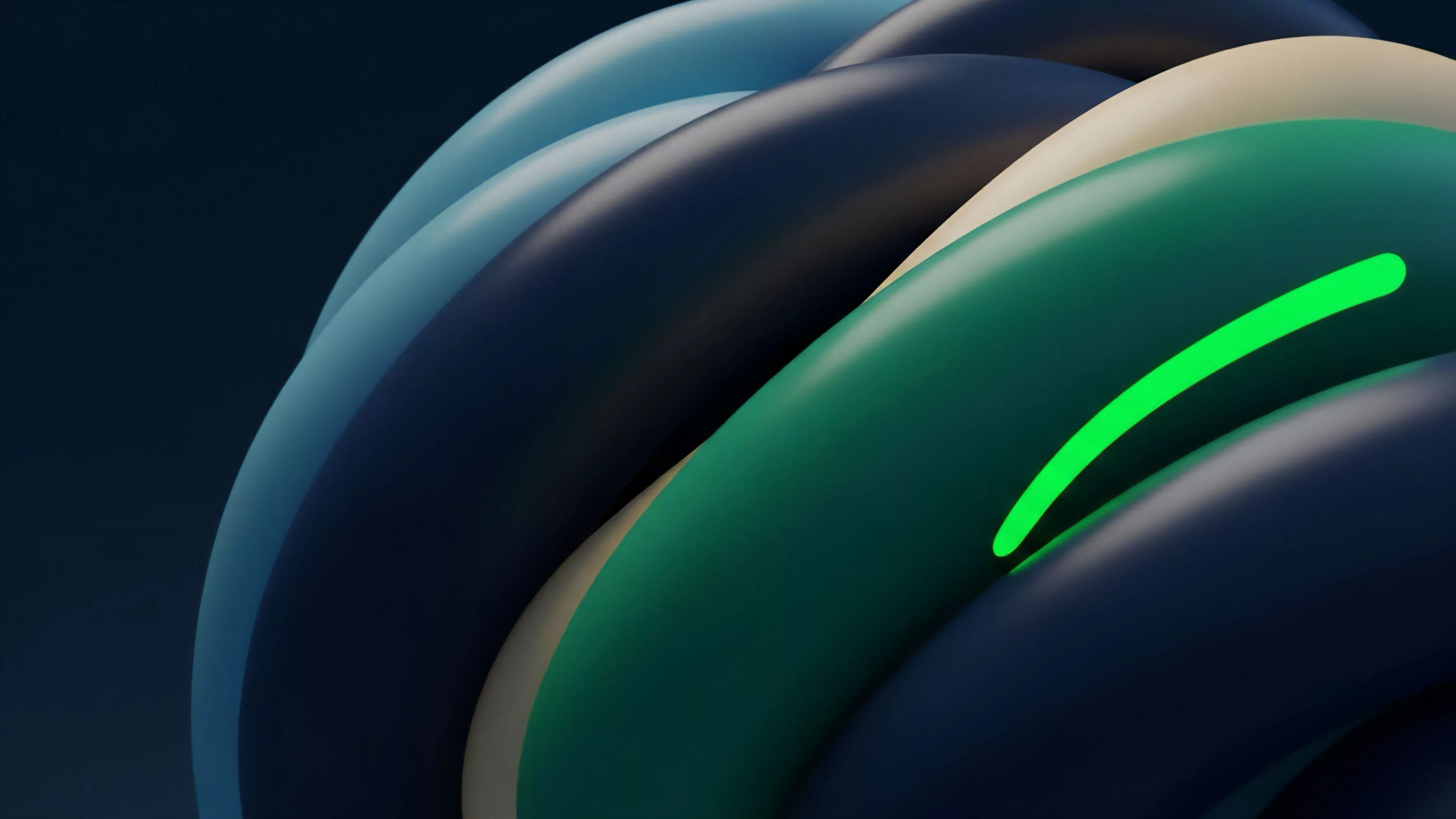 A fluid composition of intertwined bands represents the complex interconnectedness of decentralized finance protocols. The layered structures illustrate market composability and aggregated liquidity streams from various sources. A dynamic green line illuminates one stream, symbolizing a live price feed or bullish momentum within a structured product, highlighting positive trend analysis. This visual metaphor captures the volatility inherent in options contracts and the intricate risk management associated with collateralized debt positions CDPs and on-chain analytics. The smooth transition between bands indicates market liquidity and continuous asset movement.