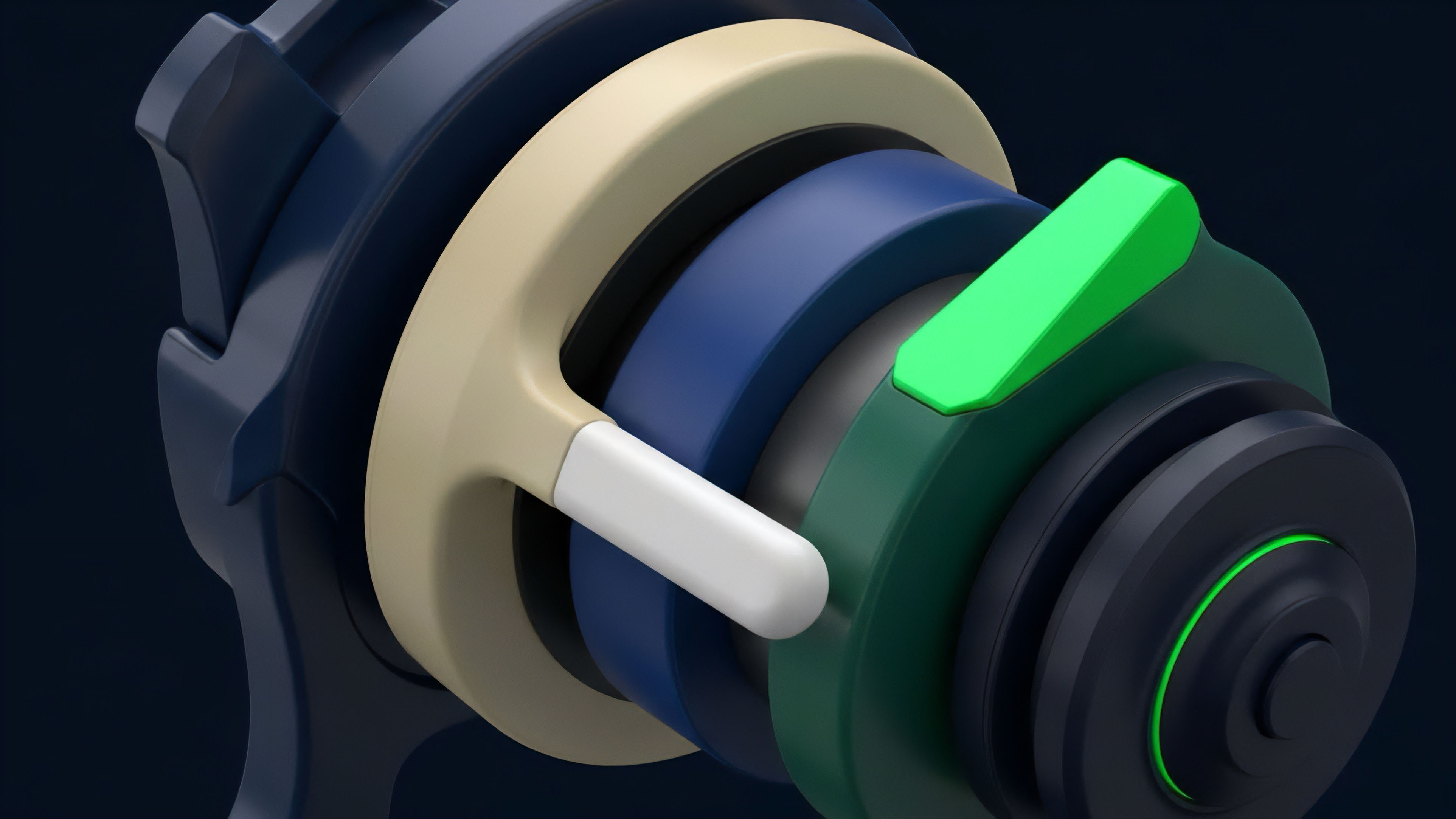 A non-literal representation of a complex financial instrument, illustrating the composability of multiple layers within a decentralized protocol stack. The layered architecture symbolizes the intricate components of structured products or exotic options. A prominent green lever suggests a mechanism for RFQ execution or collateral management within a liquidity pool, while the design's complexity reflects the risk tranches inherent in sophisticated derivatives. The components represent a complete yield generation strategy in a DAO environment.
