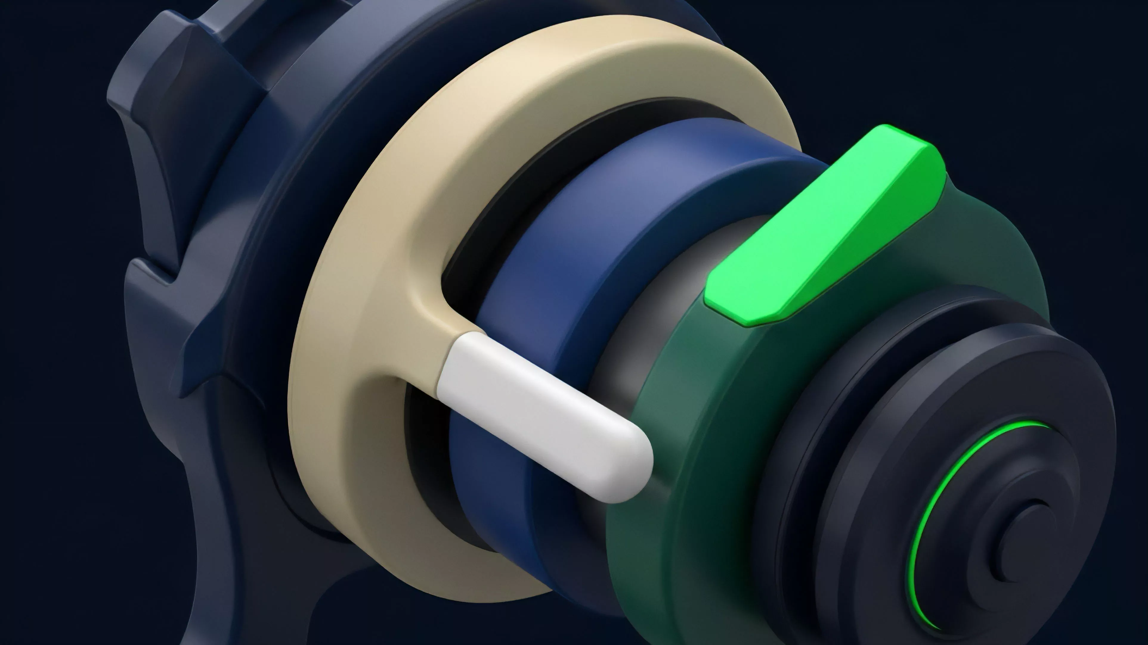 A non-literal representation of a complex financial instrument, illustrating the composability of multiple layers within a decentralized protocol stack. The layered architecture symbolizes the intricate components of structured products or exotic options. A prominent green lever suggests a mechanism for RFQ execution or collateral management within a liquidity pool, while the design's complexity reflects the risk tranches inherent in sophisticated derivatives. The components represent a complete yield generation strategy in a DAO environment.