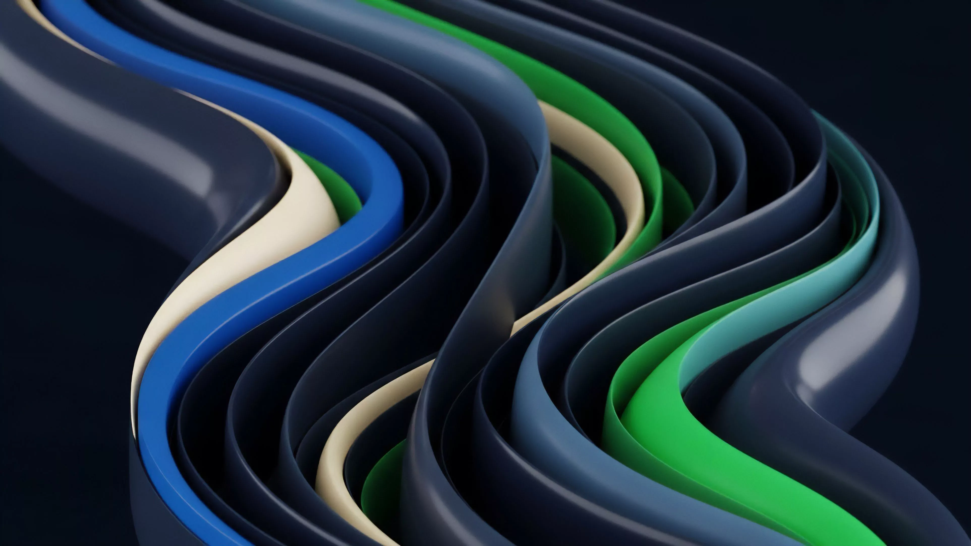 A complex, non-linear flow of layered ribbons in dark blue, bright blue, green, and cream hues illustrates intricate market interactions.