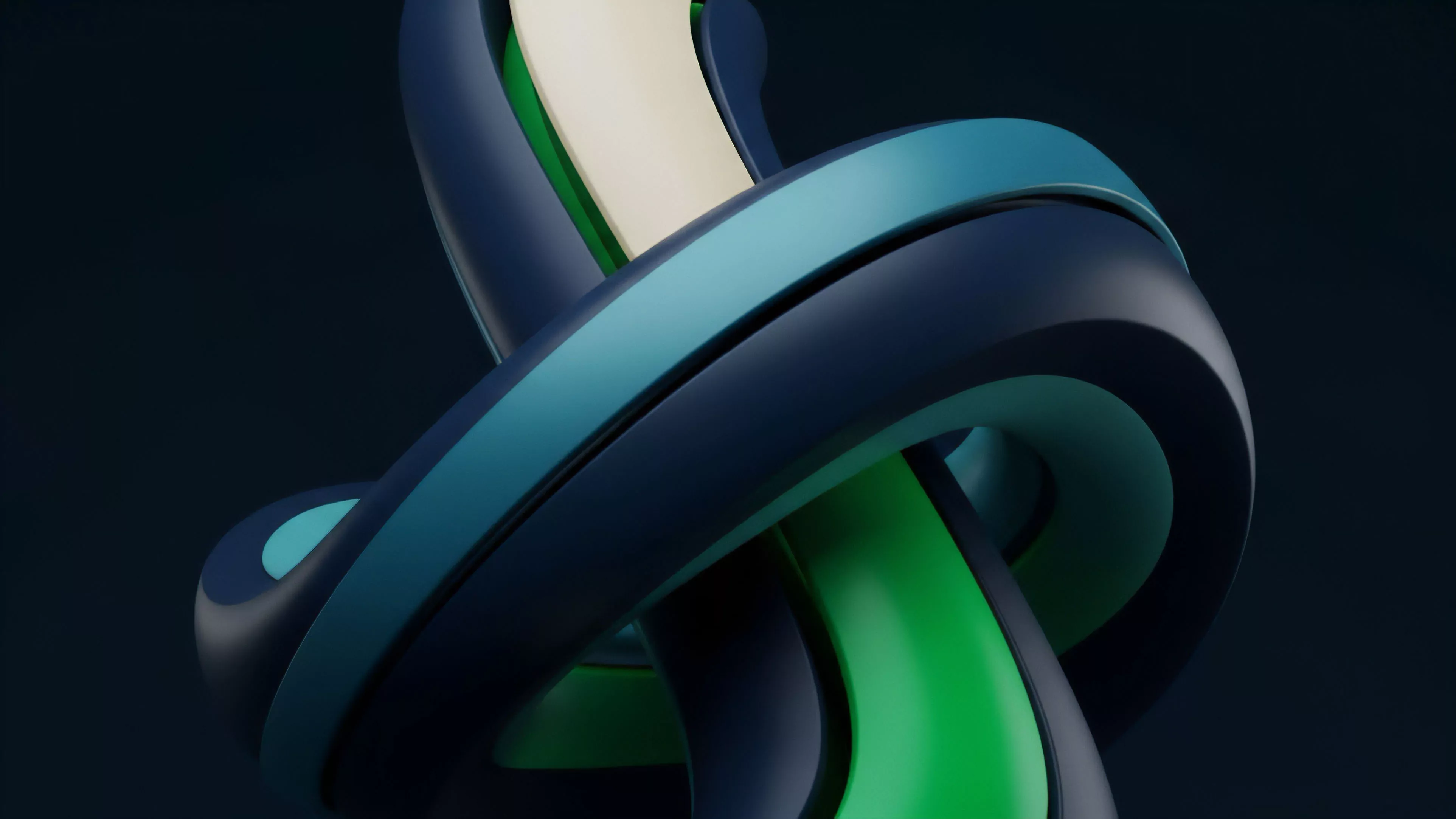A detailed abstract digital rendering features interwoven, rounded bands in colors including dark navy blue, bright teal, cream, and vibrant green against a dark background.