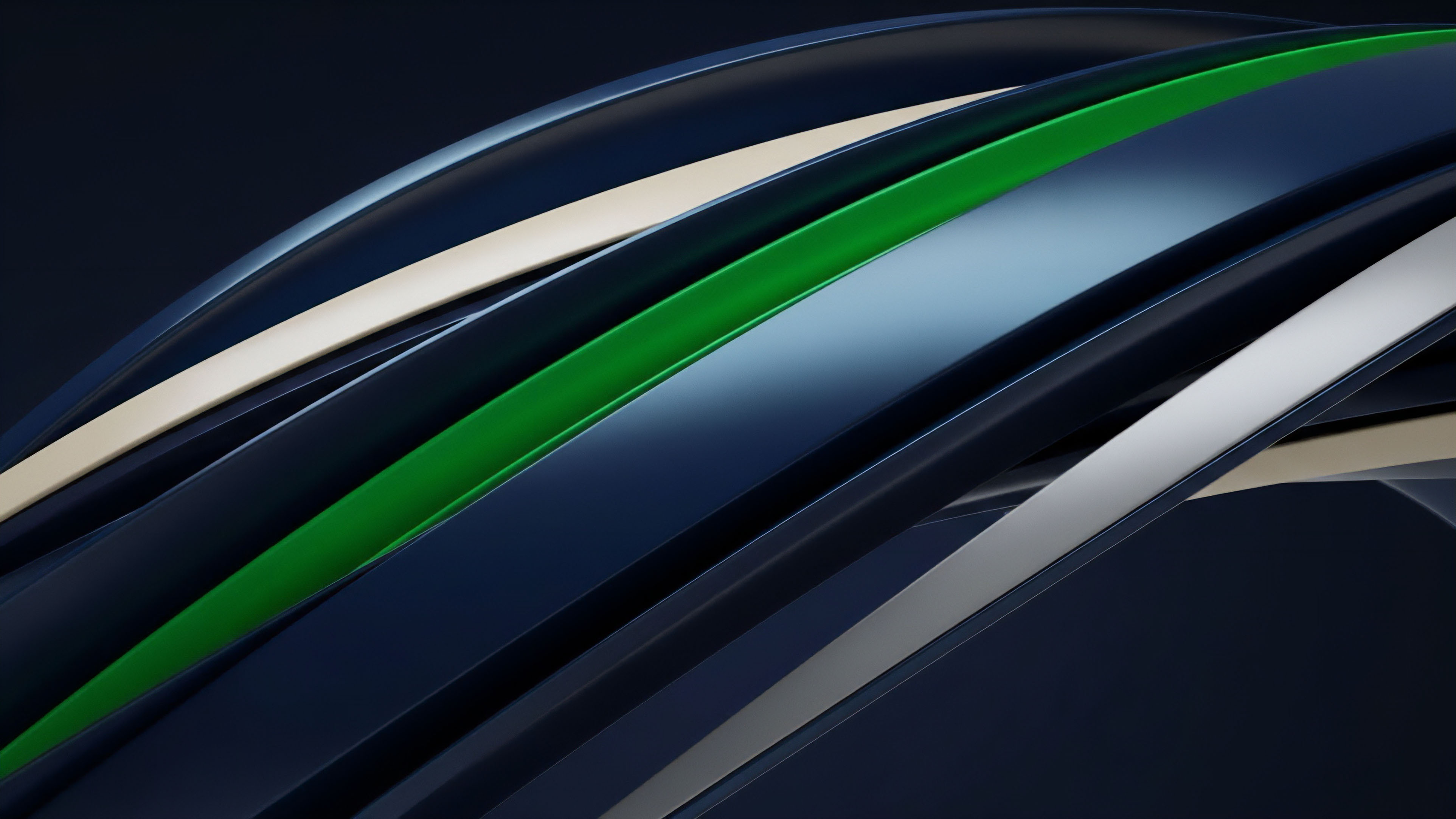 A dynamic abstract composition features interwoven bands of varying colors—dark blue, vibrant green, and muted silver—flowing in complex alignment. This imagery represents the intricate nature of DeFi composability and structured products. The overlapping bands illustrate different synthetic assets or financial derivatives, such as perpetual futures and options chains, interacting within a smart contract execution environment. The varied colors symbolize different risk tranches or multi-asset strategies, while the complex flow reflects market dynamics and liquidity provision in advanced algorithmic trading.