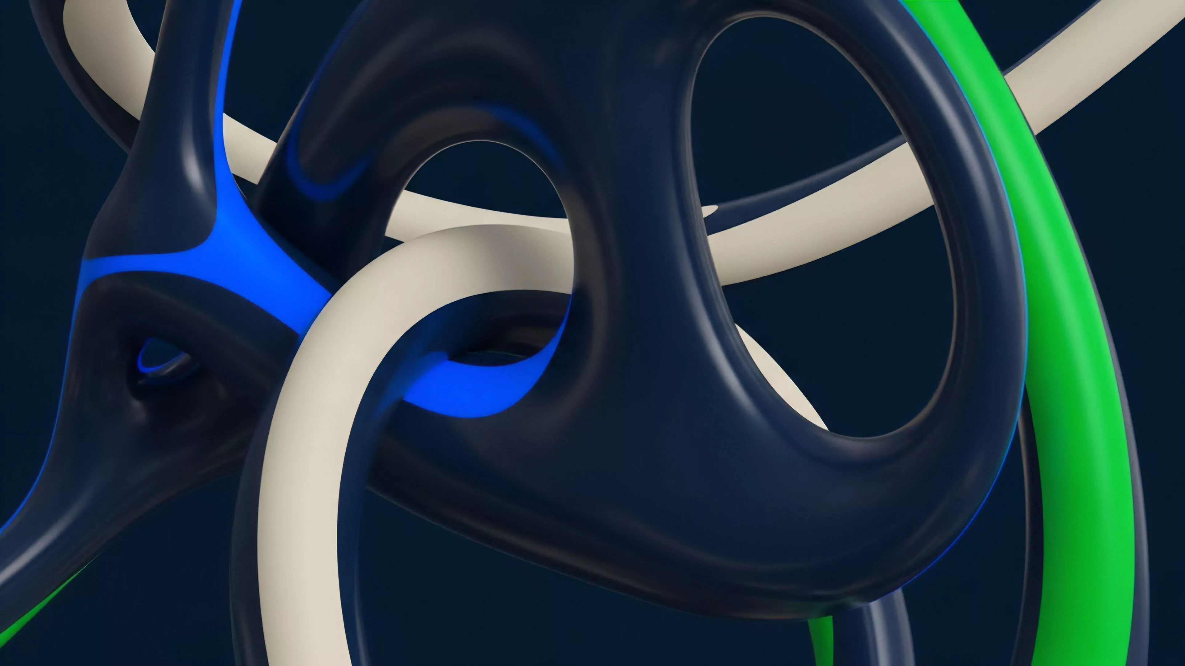 A complex, interconnected structure of flowing, glossy forms, with deep blue, white, and electric blue elements. This visual metaphor illustrates the intricate web of smart contract composability in decentralized finance. The interlocked forms represent various tokenized assets and derivatives architectures, where liquidity provision creates a cascading systemic risk propagation. The white form symbolizes a base asset, while the dark blue represents a platform with complex yield strategies. The design captures the inherent counterparty risk exposure in intricate DeFi structures.