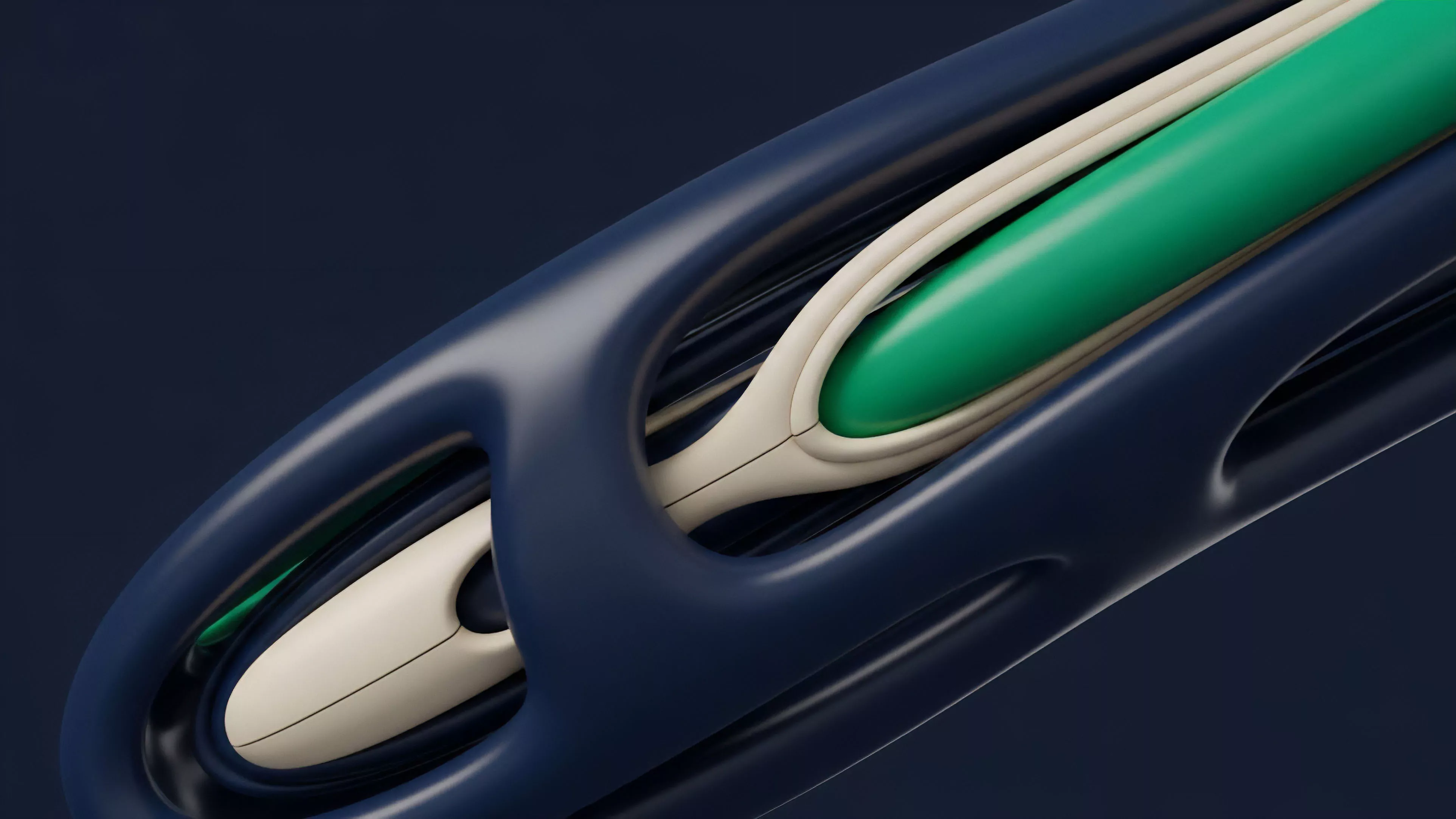 A close-up view reveals a complex, layered structure consisting of a dark blue, curved outer shell that partially encloses an off-white, intricately formed inner component. At the core of this structure is a smooth, green element that suggests a contained asset or value