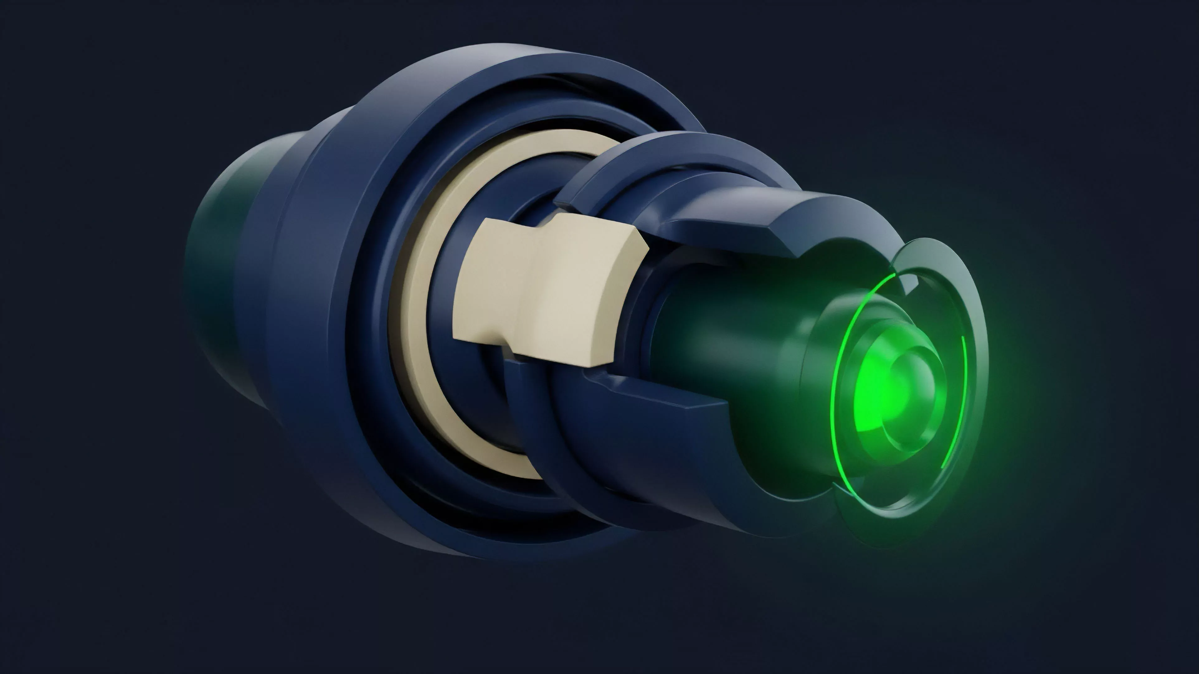 A complex, futuristic mechanical object is presented in a cutaway view, revealing multiple concentric layers and an illuminated green core. The design suggests a precision-engineered device with internal components exposed for inspection
