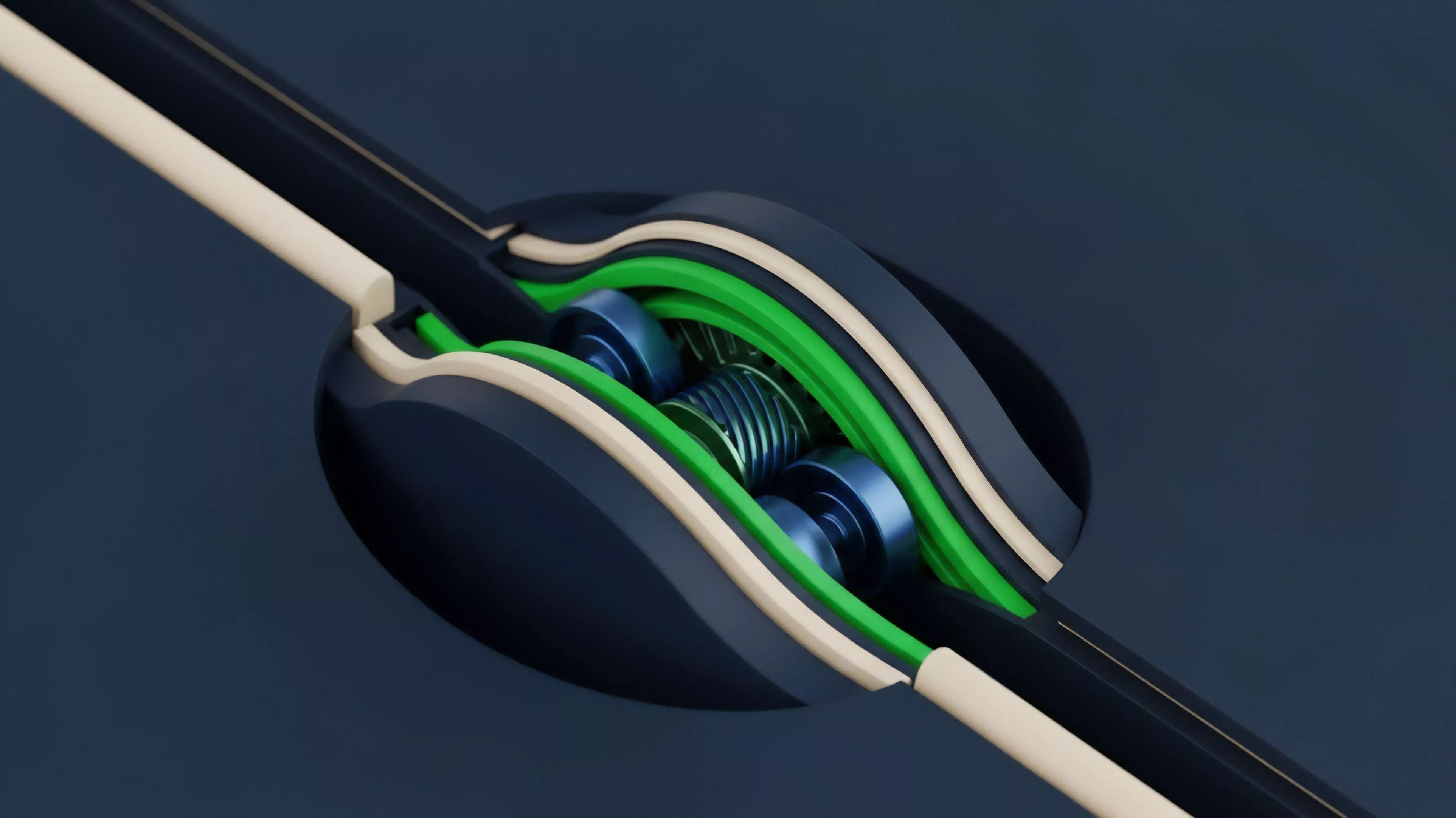 This intricate cross-section illustration depicts a complex internal mechanism within a layered structure. The cutaway view reveals two metallic rollers flanking a central helical component, all surrounded by wavy, flowing layers of material in green, beige, and dark gray colors