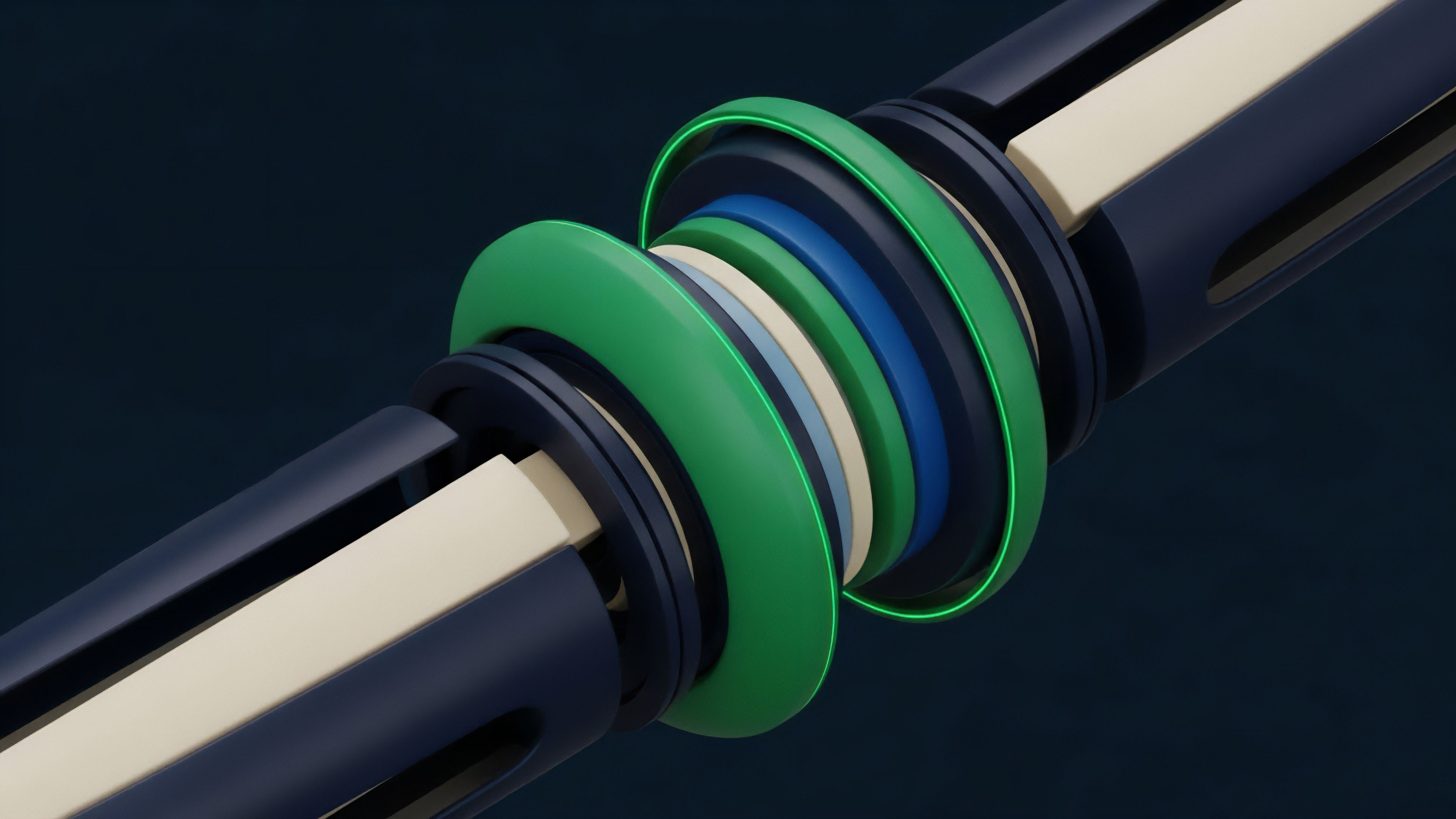 A visual metaphor for layered collateralization within a sophisticated DeFi structured product. The central stack of rings symbolizes a smart contract's complex architecture, where different layers represent locked collateral, liquidity provision, and risk parameters. The light beige inner components suggest underlying assets, while the green outer rings represent dynamic yield generation and protocol fees. This illustrates the interlocking mechanism required for cross-chain interoperability and automated market maker function in a liquidity pool.