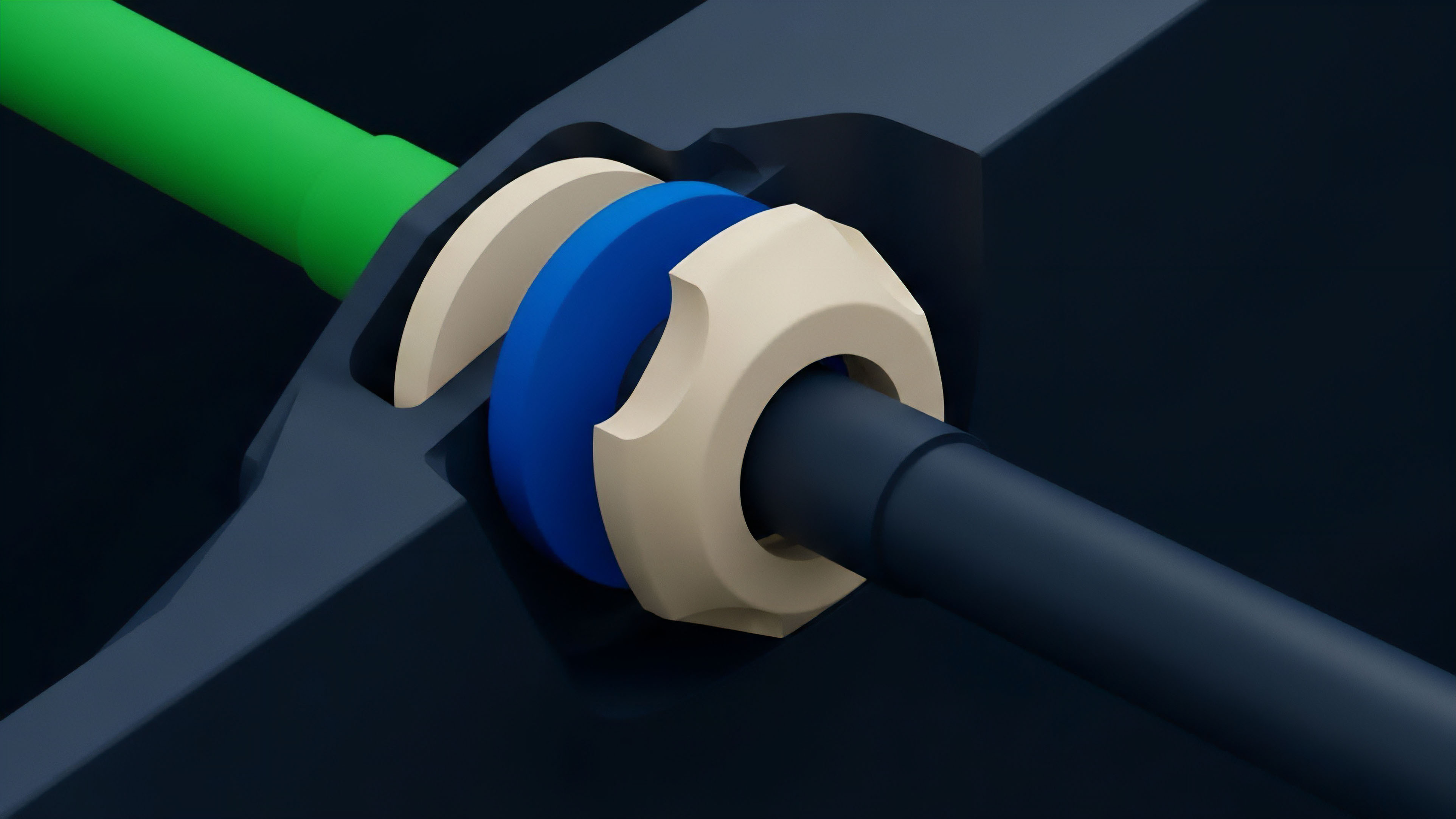 A close-up view shows a sophisticated mechanical joint connecting a bright green cylindrical component to a darker gray cylindrical component. The joint assembly features layered parts, including a white nut, a blue ring, and a white washer, set within a larger dark blue frame