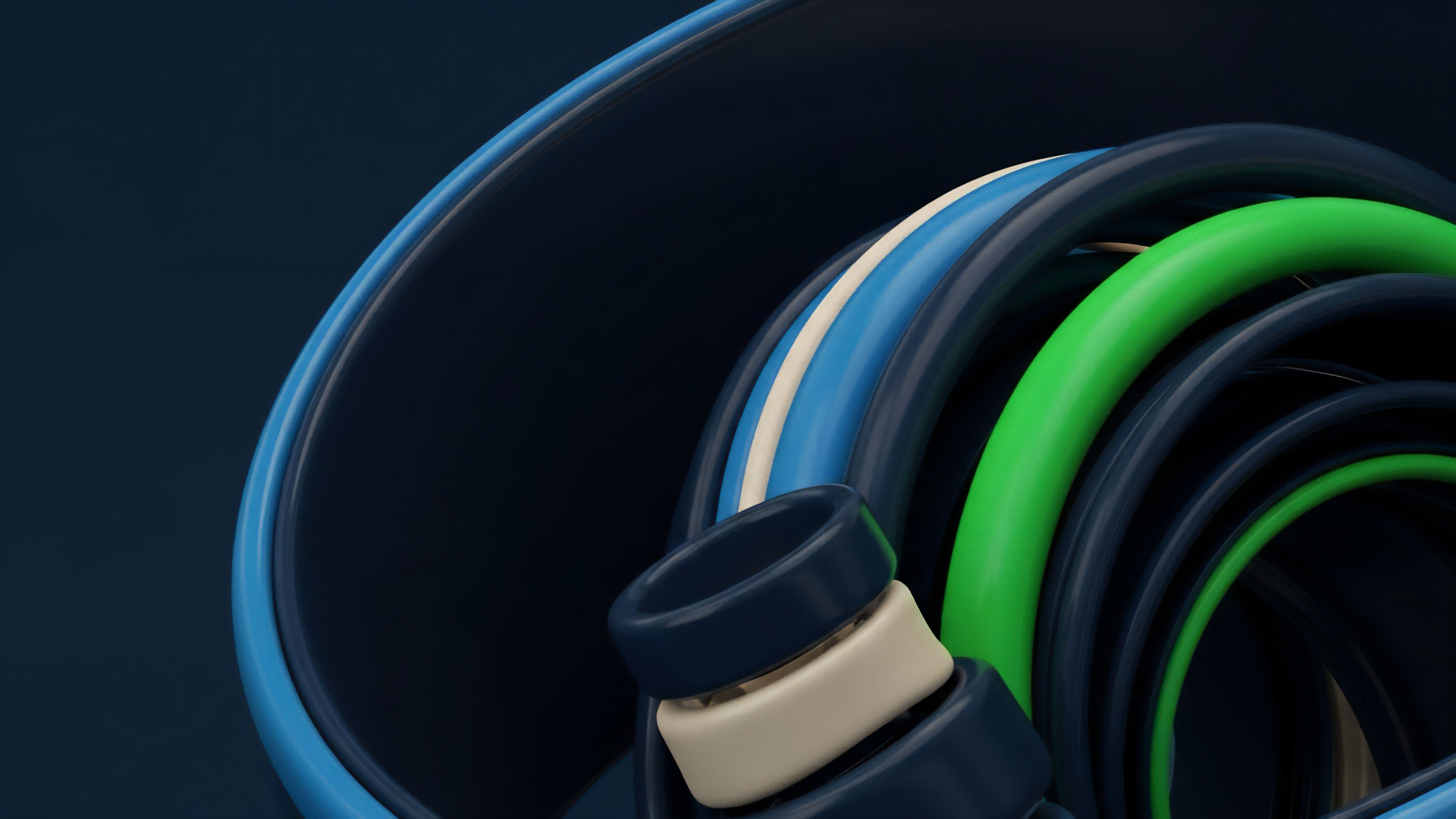 A visualization of complex financial derivatives and structured products. The multiple layers—including vibrant green and crisp white lines within the deeper blue structure—represent interconnected asset bundles and collateralization streams within an automated market maker AMM liquidity pool. This abstract arrangement symbolizes risk layering, volatility indexing, and the intricate architecture of decentralized finance DeFi protocols where yield optimization strategies create synthetic assets from underlying collateral. The flow illustrates algorithmic strategies in perpetual futures trading.