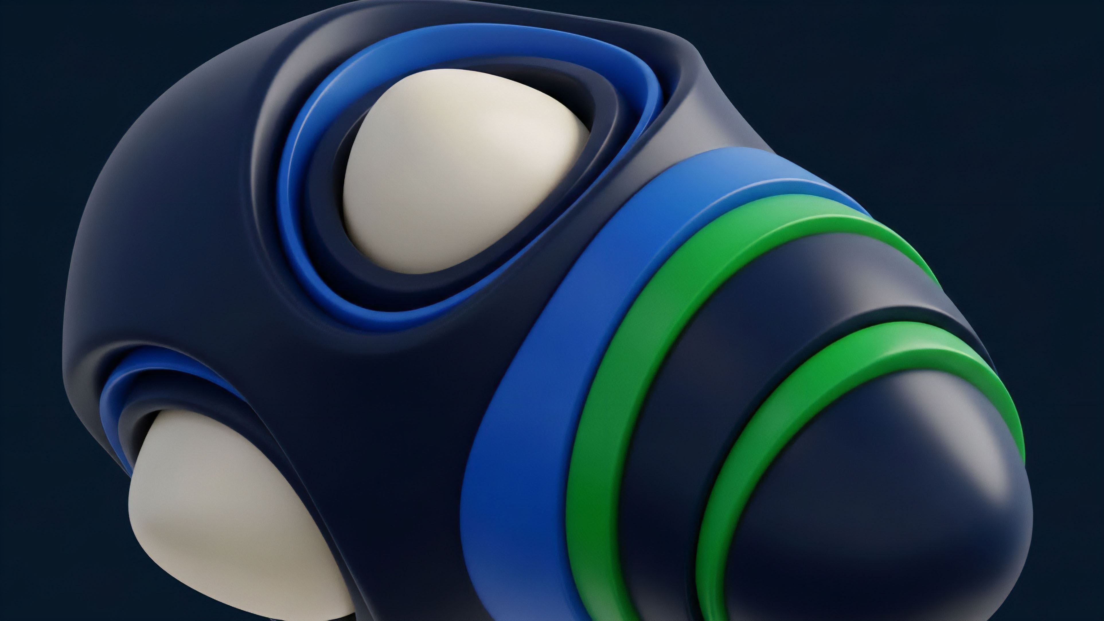 This abstract 3D render displays a complex structure composed of navy blue layers, accented with bright blue and vibrant green rings. The form features smooth, off-white spherical protrusions embedded in deep, concentric sockets