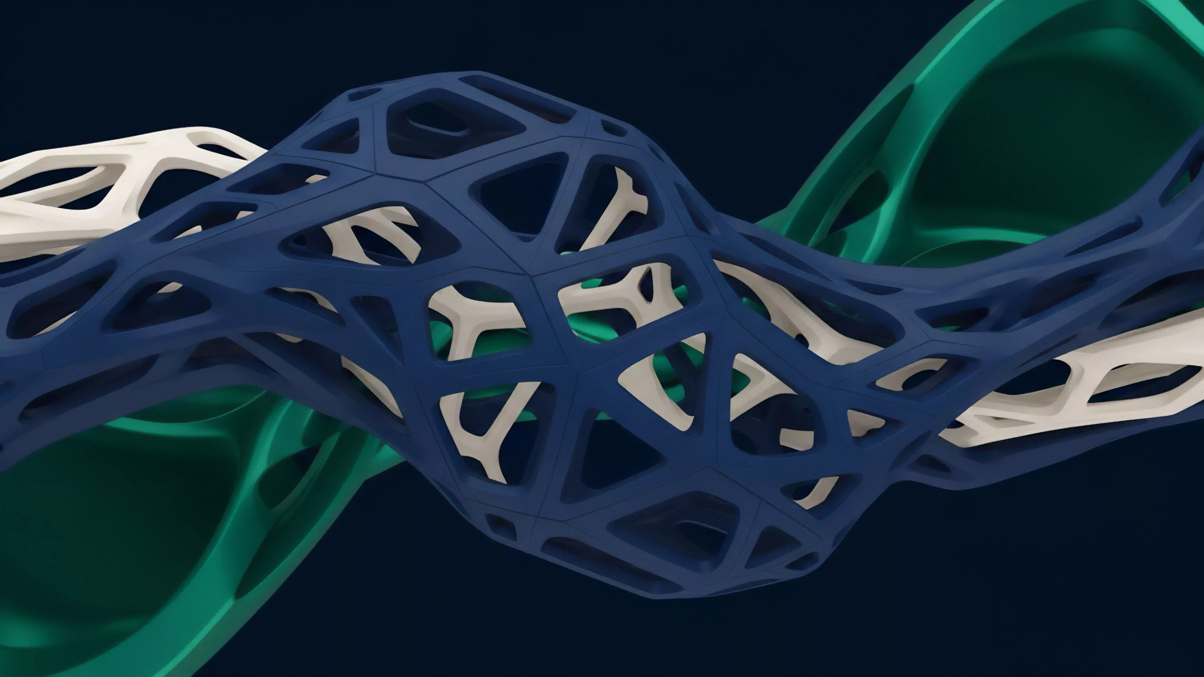 A dynamic visualization representing the intricate composability and structured complexity within decentralized finance DeFi ecosystems. The three layered structures symbolize different protocols, such as liquidity pools, options contracts, and collateralized debt positions CDPs, intertwining through smart contract logic. The lattice architecture visually suggests a resilient and interoperable network where financial derivatives are built upon multiple layers. This depicts the interconnected risk factors and yield-bearing strategies present in sophisticated financial engineering.