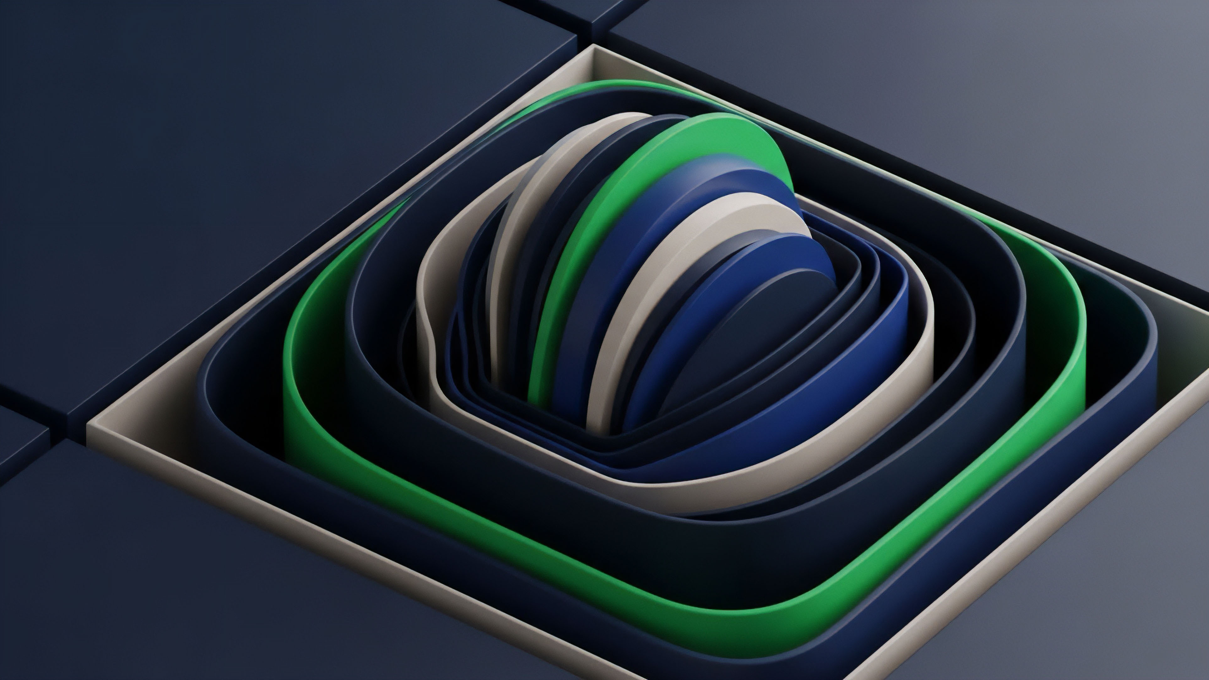 A detailed abstract visualization featuring nested square layers, creating a sense of dynamic depth and structured flow. The bands in colors like deep blue, vibrant green, and beige represent a complex system, analogous to a layered blockchain protocol L1/L2 solutions or the intricacies of financial derivatives. The composition illustrates the interconnectedness of collateralized assets and liquidity pools within a decentralized finance ecosystem. This abstract form represents the flow of capital and the risk-management required in options trading.