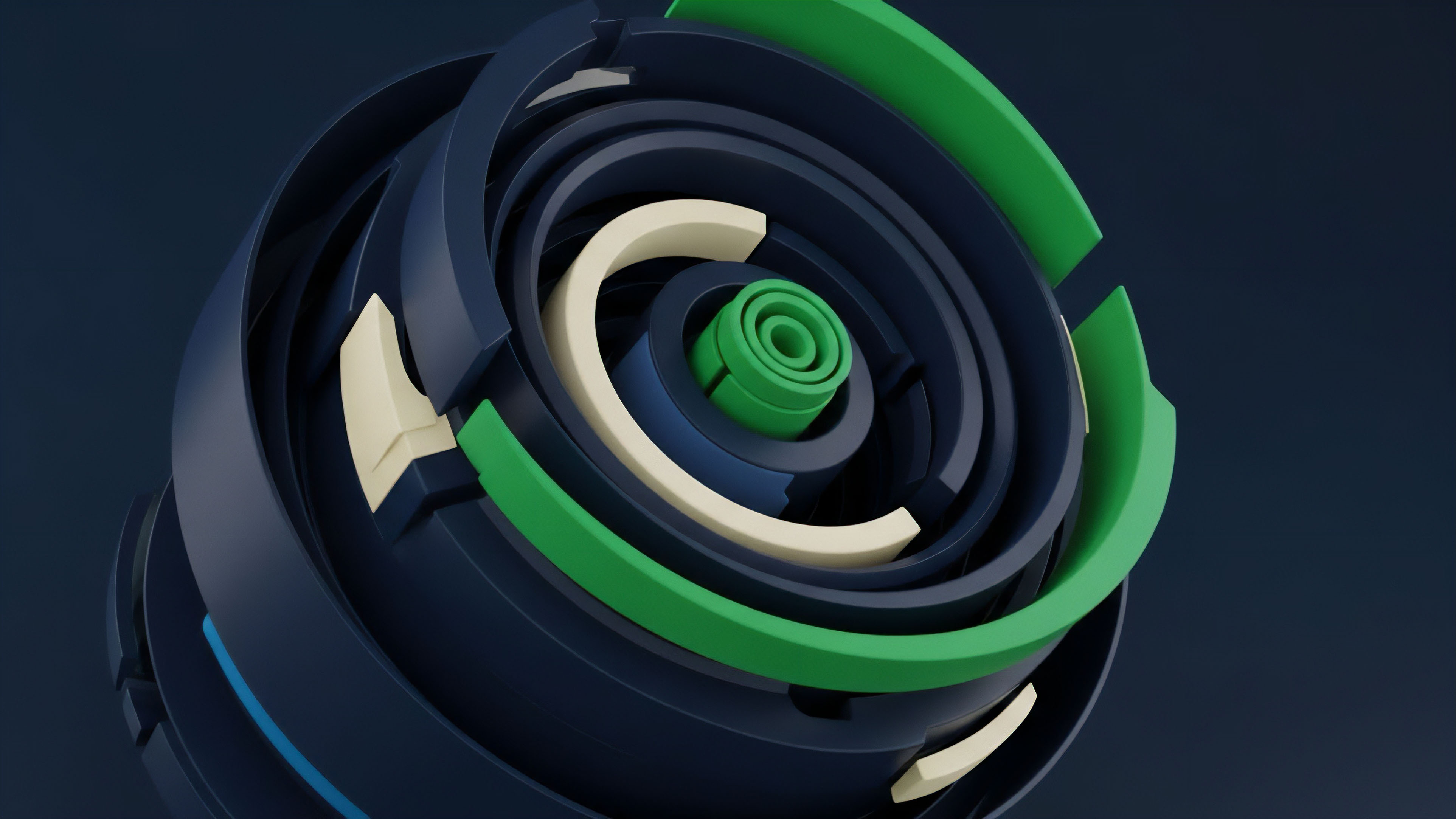 A detailed abstract 3D render displays a complex, layered structure composed of concentric, interlocking rings. The primary color scheme consists of a dark navy base with vibrant green and off-white accents, suggesting intricate mechanical or digital architecture