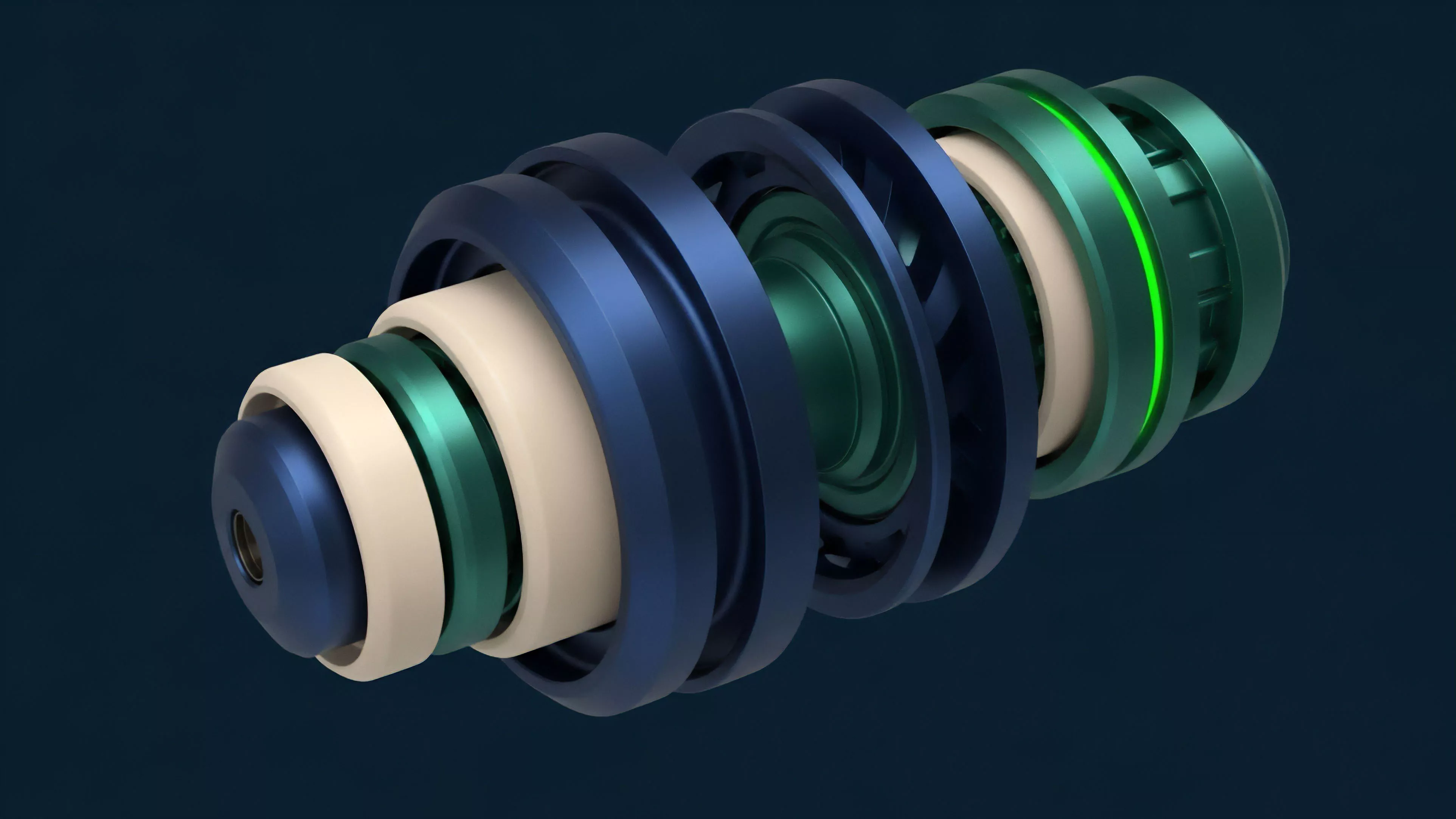 A 3D rendered exploded view displays a complex mechanical assembly composed of concentric cylindrical rings and components in varying shades of blue, green, and cream against a dark background. The components are separated to highlight their individual structures and nesting relationships