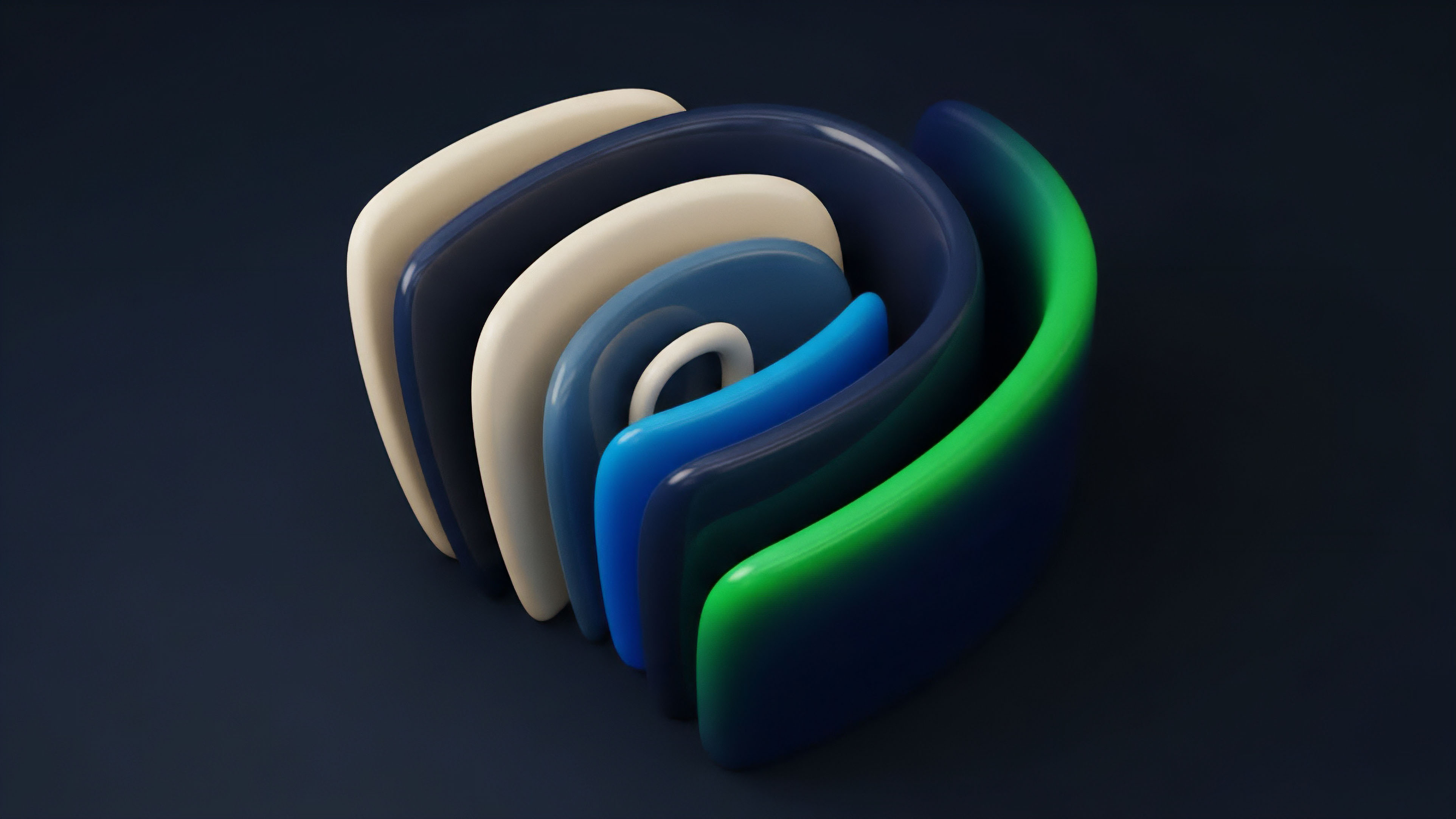 A series of nested U-shaped forms display a color gradient from a stable cream core through shades of blue to a highly saturated neon green outer layer. This abstract visual represents the stratification of risk in structured products within decentralized finance DeFi. Each layer signifies a specific risk tranche, illustrating the process of collateralization where assets are partitioned. The innermost layers represent secure assets or low volatility positions, while the outermost layers, characterized by the intense color change, symbolize high-risk exposure and potential for liquidation mechanisms due to volatility decay. The structure visually conveys the complex dynamics of options hedging strategies.