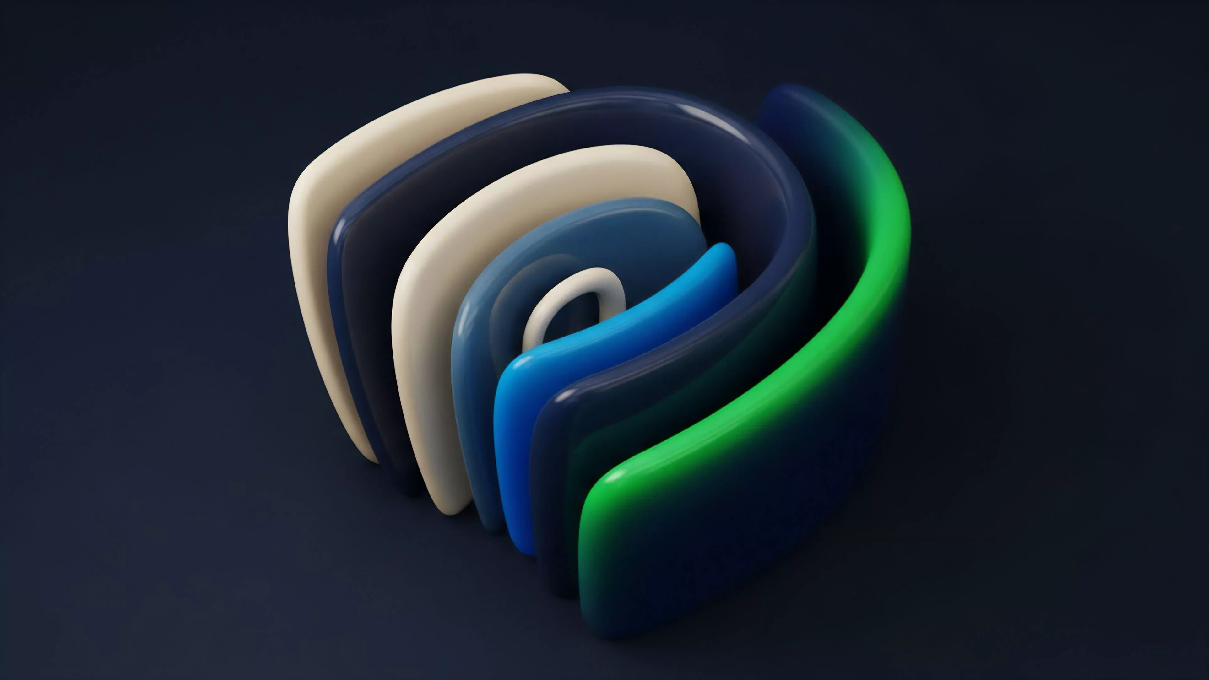 A series of nested U-shaped forms display a color gradient from a stable cream core through shades of blue to a highly saturated neon green outer layer. This abstract visual represents the stratification of risk in structured products within decentralized finance DeFi. Each layer signifies a specific risk tranche, illustrating the process of collateralization where assets are partitioned. The innermost layers represent secure assets or low volatility positions, while the outermost layers, characterized by the intense color change, symbolize high-risk exposure and potential for liquidation mechanisms due to volatility decay. The structure visually conveys the complex dynamics of options hedging strategies.