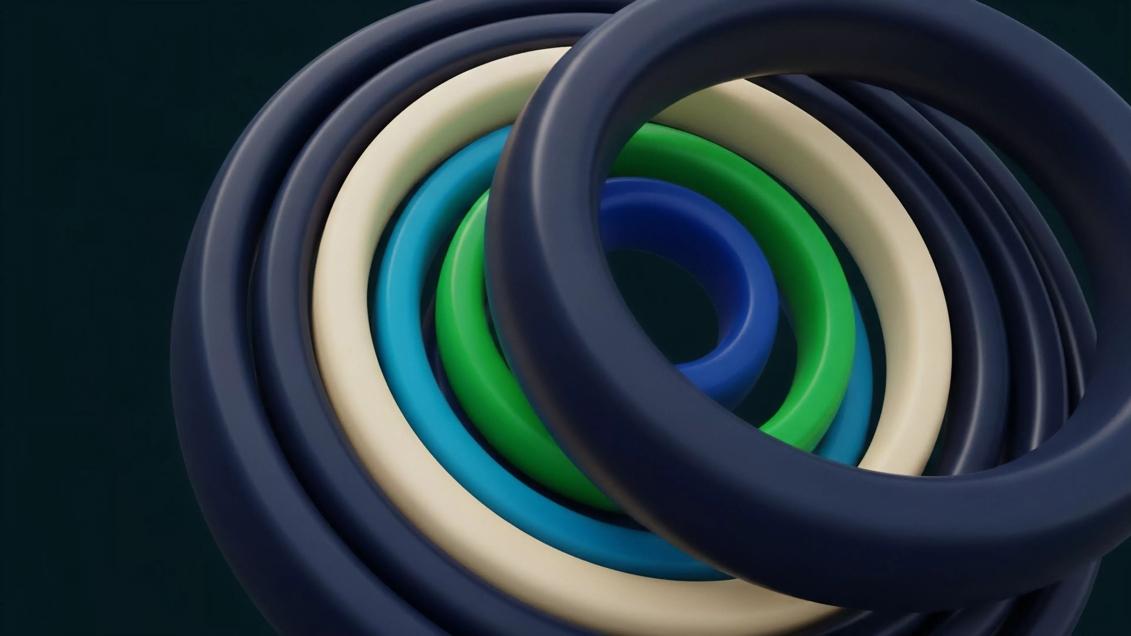 The abstract image displays a series of concentric, layered rings in a range of colors including dark navy blue, cream, light blue, and bright green, arranged in a spiraling formation that recedes into the background. The smooth, slightly distorted surfaces of the rings create a sense of dynamic motion and depth, suggesting a complex, structured system