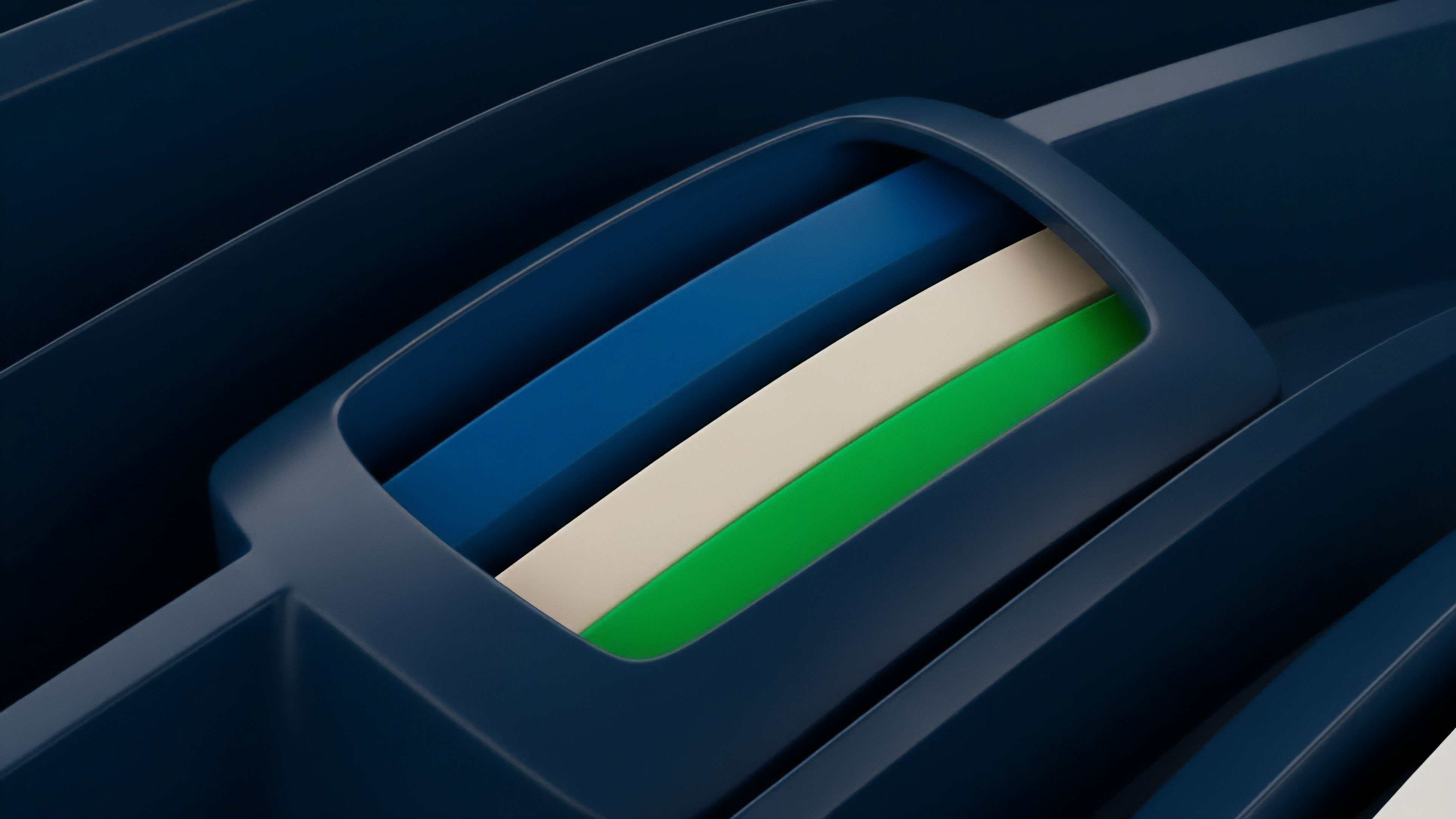 A close-up view of a dark blue, flowing structure frames three vibrant layers: blue, off-white, and green. This abstract image represents the layering of complex financial derivatives. The bands signify different risk tranches within structured products like collateralized debt positions or synthetic assets. The blue layer represents senior tranches, while green denotes junior tranches and associated yield farming opportunities. The white layer acts as collateral, illustrating capital efficiency in decentralized finance liquidity pools.